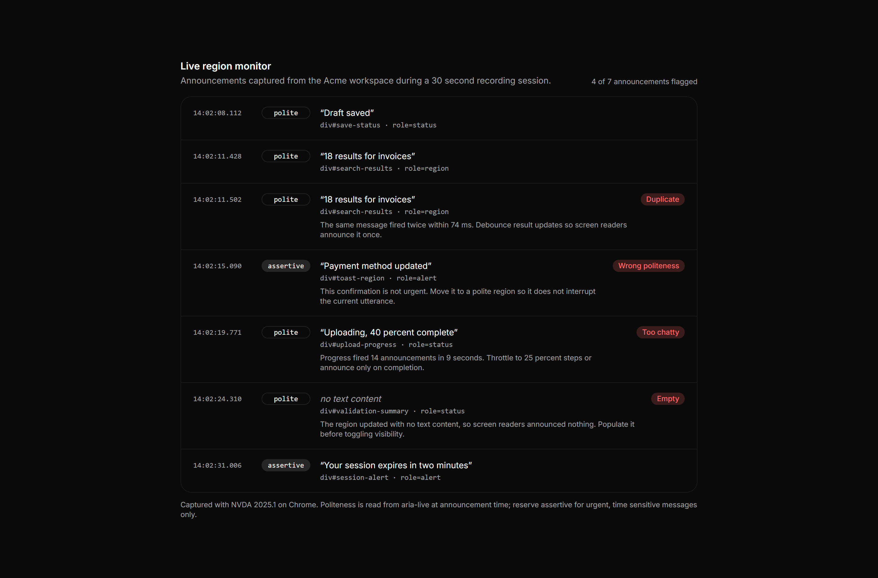 Application Accessibility: Live Region Log