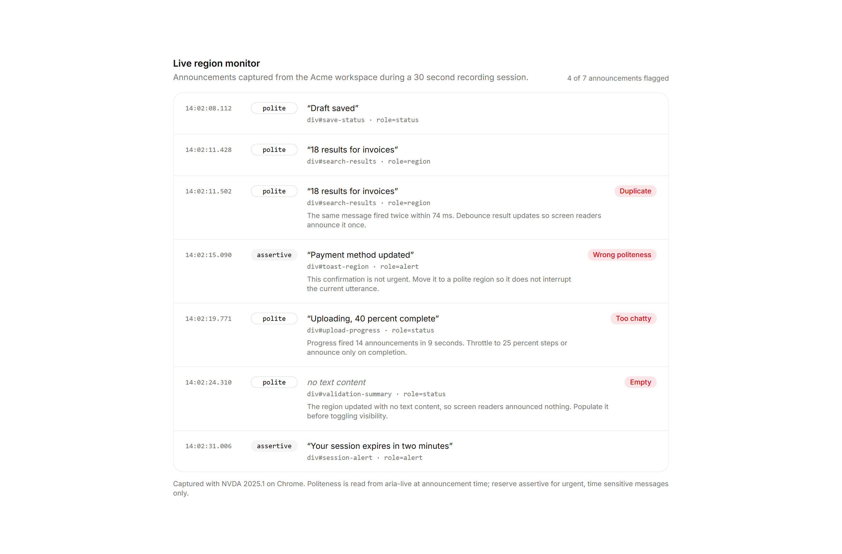 Application Accessibility: Live Region Log