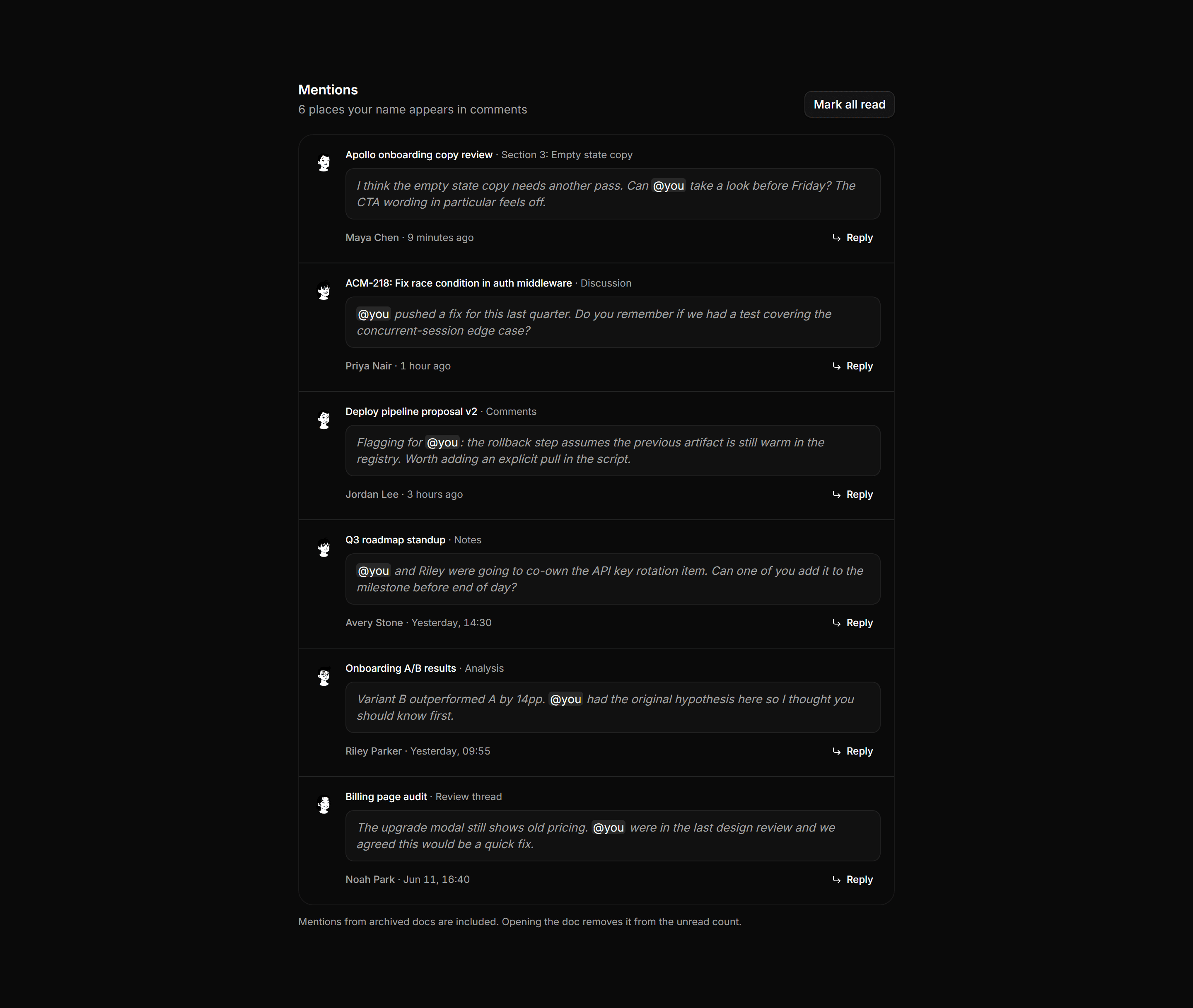 Application Activity: Comment Mentions List