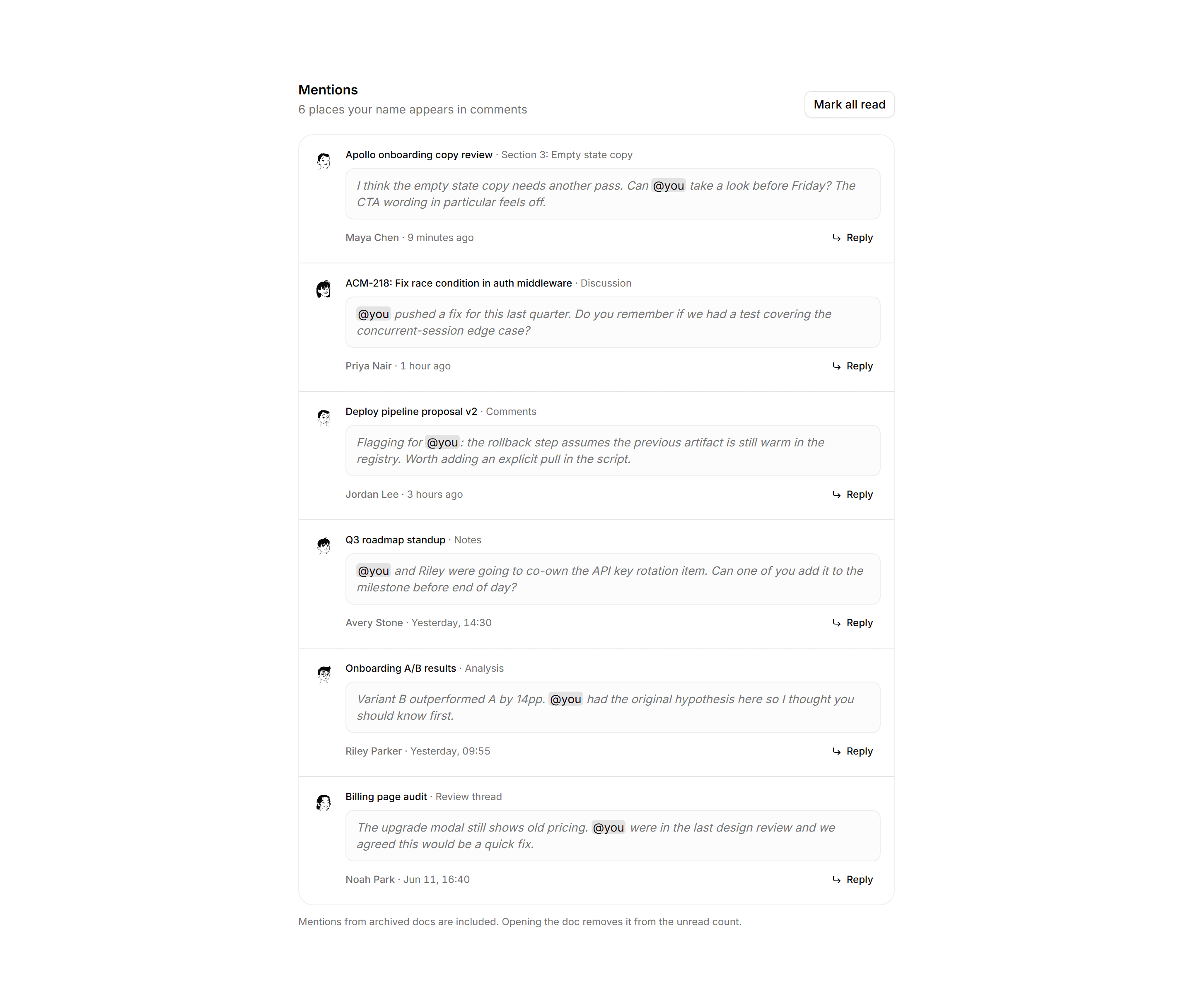 Application Activity: Comment Mentions List