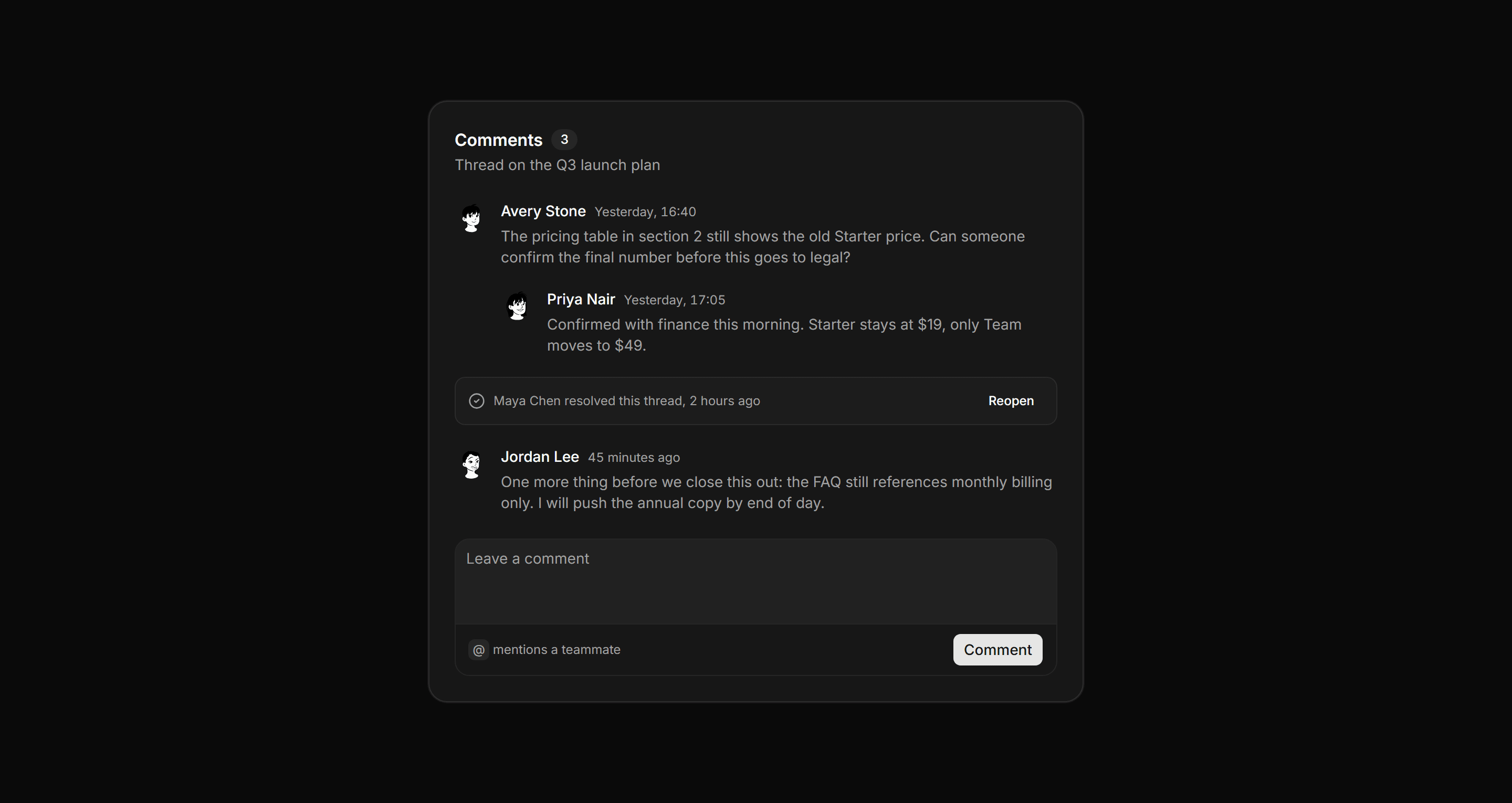 Application Activity: Comment Thread Panel