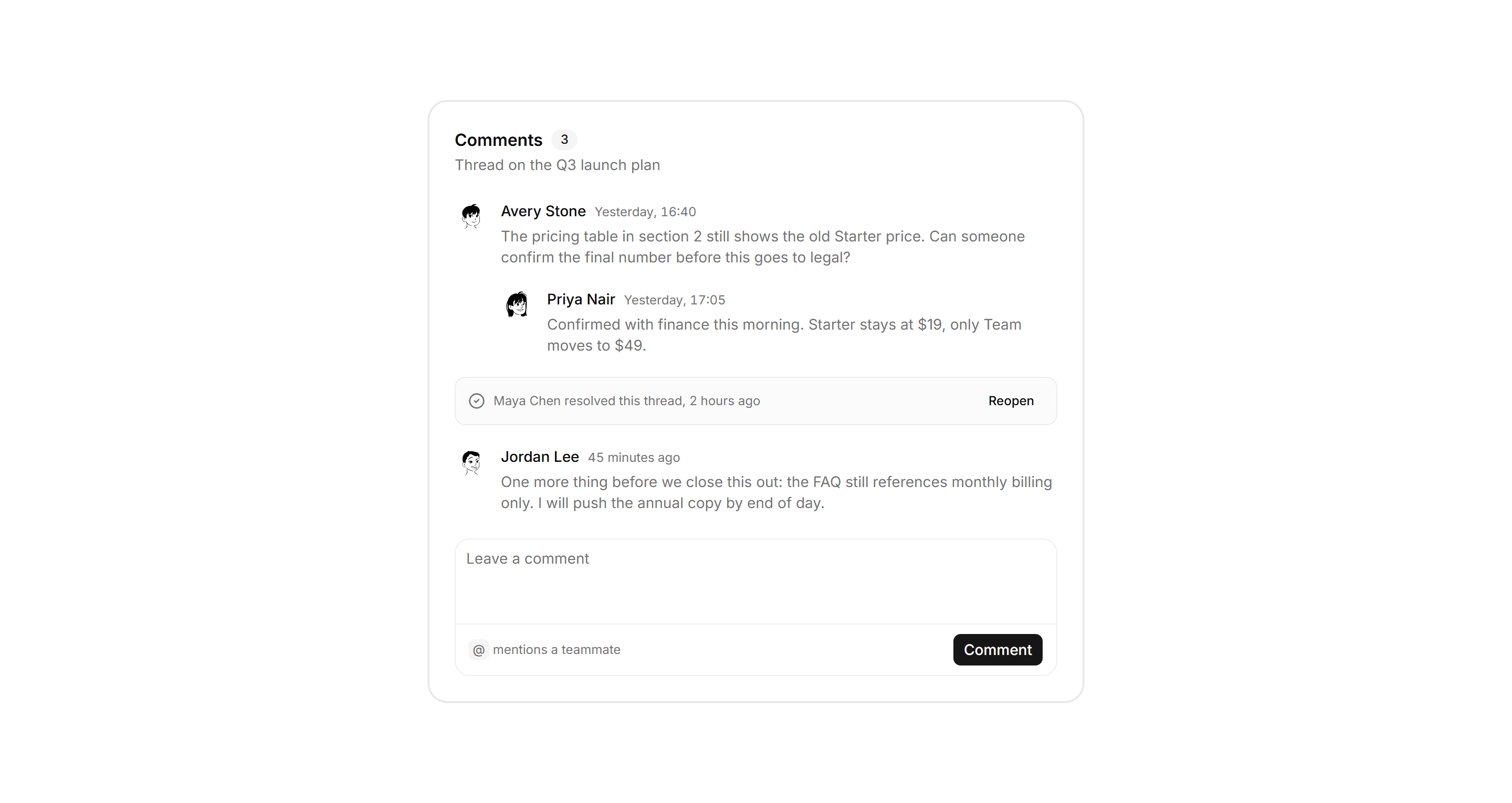 Application Activity: Comment Thread Panel