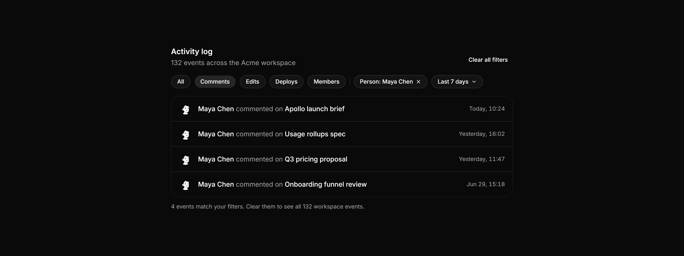 Application Activity: Filtered Activity Log
