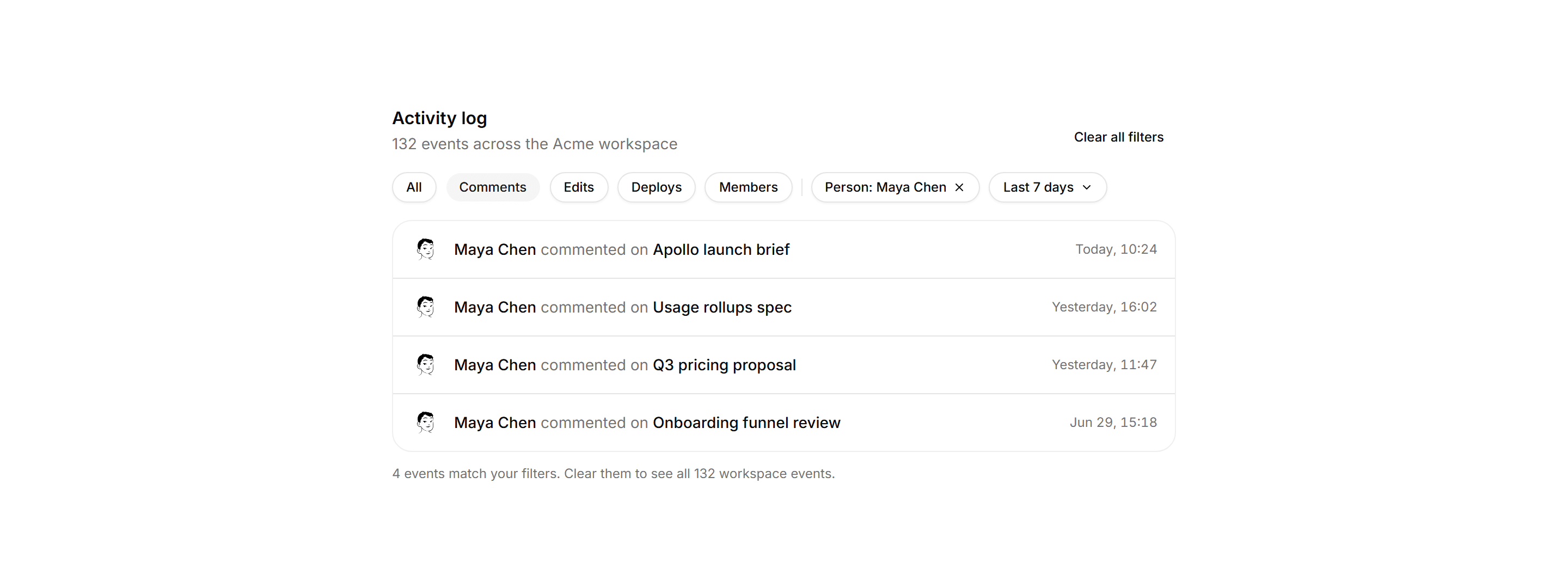 Application Activity: Filtered Activity Log