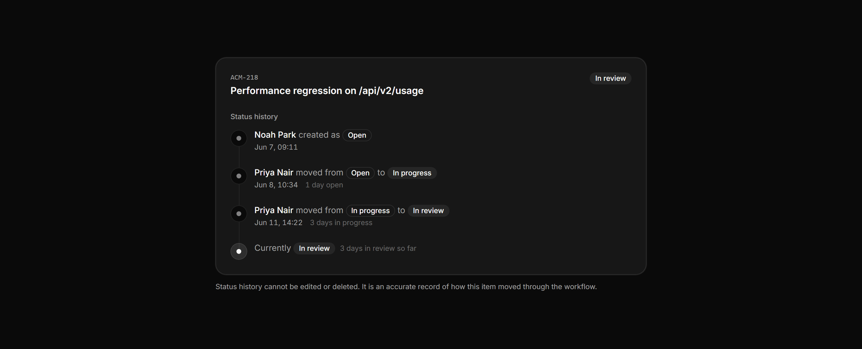 Application Activity: Status Change Log