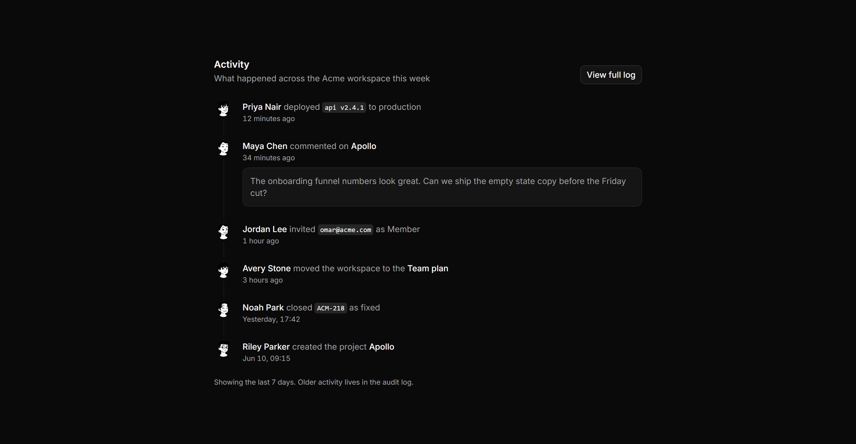 Application Activity: Team Activity Feed