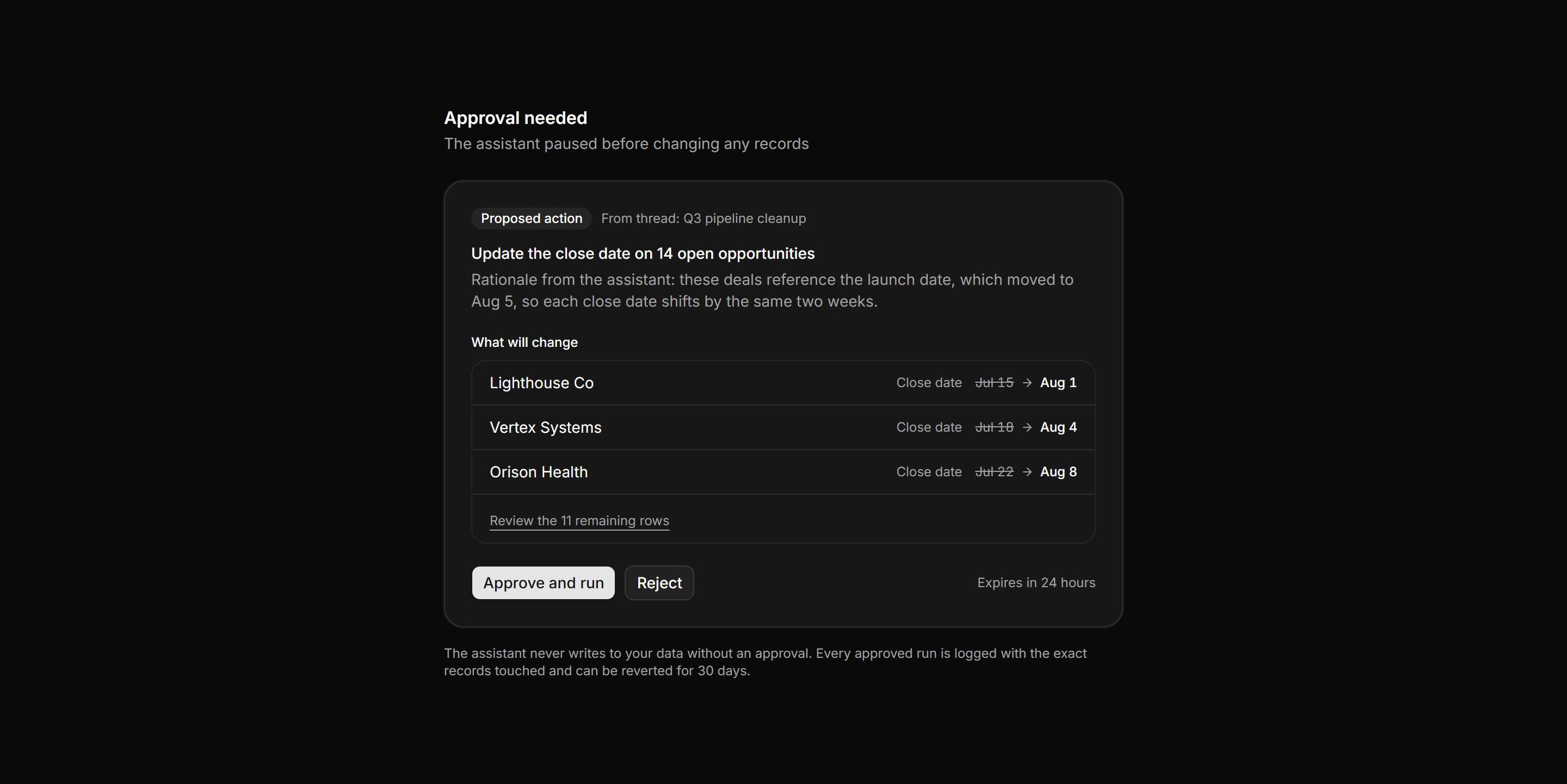 Application AI Assistant: Action Approval Card