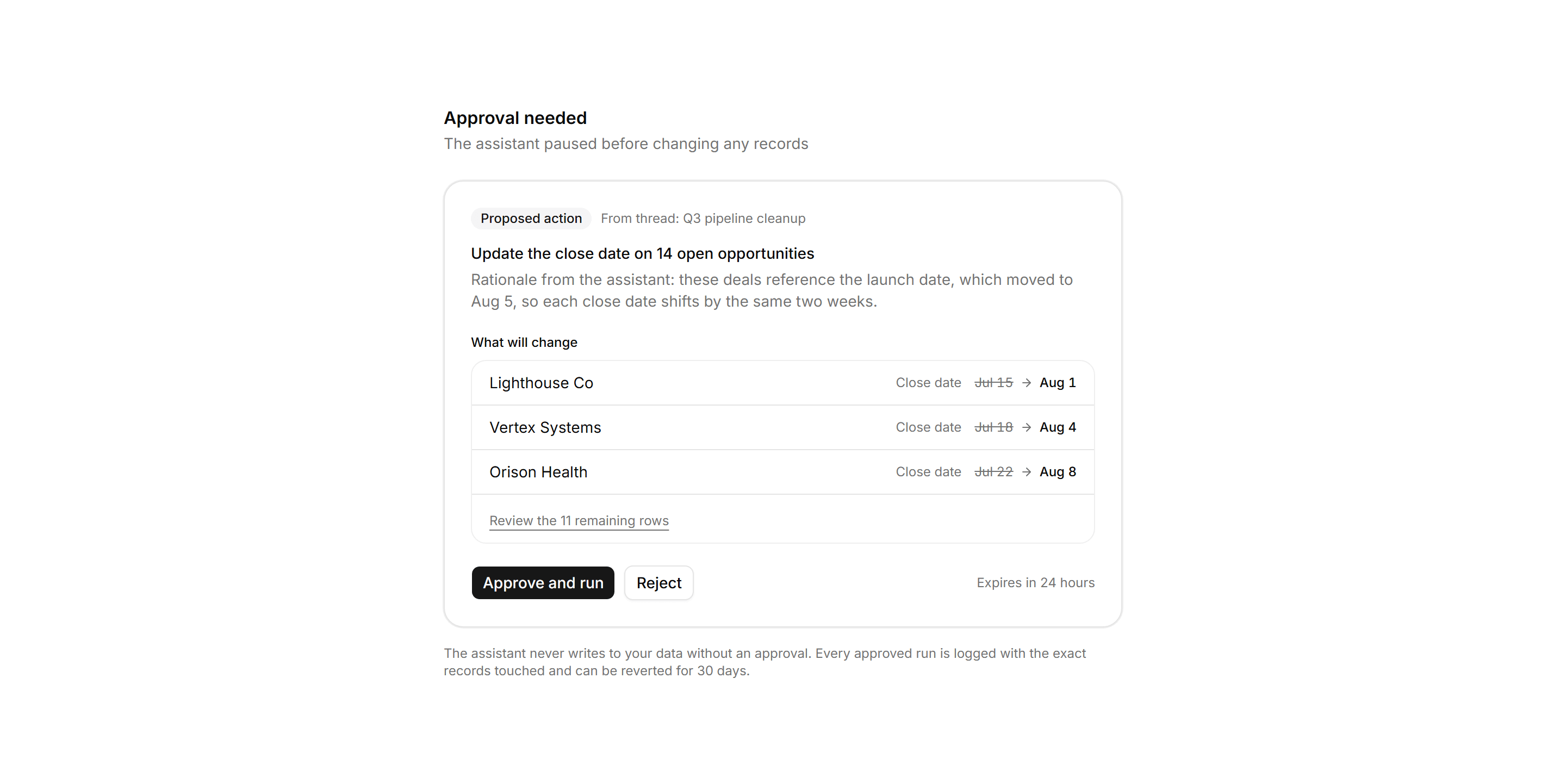 Application AI Assistant: Action Approval Card