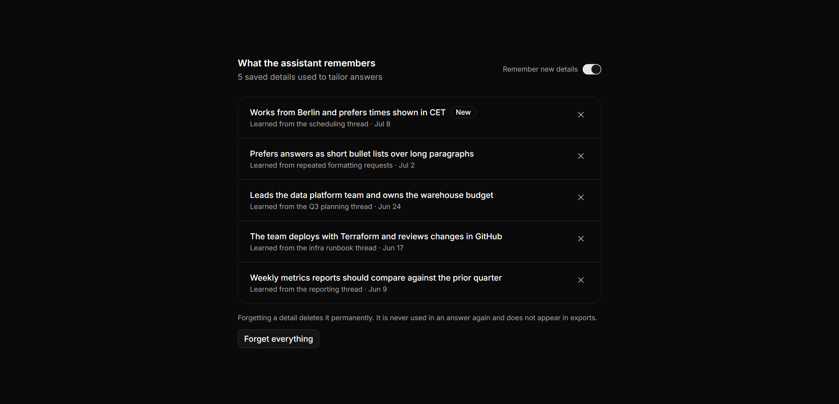 Application AI Assistant: Memory Panel