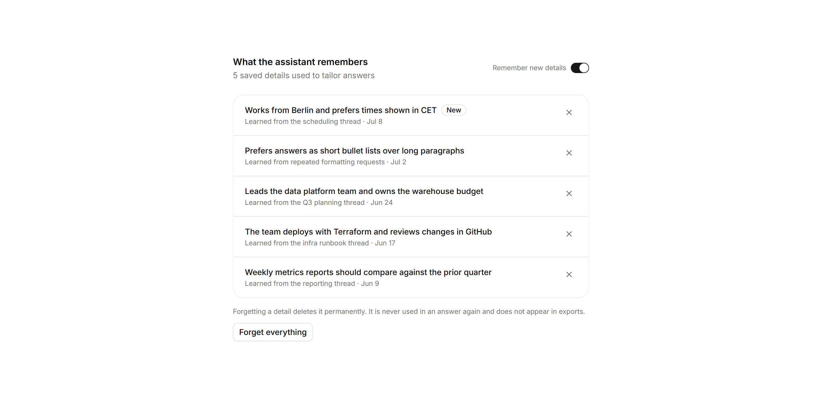 Application AI Assistant: Memory Panel