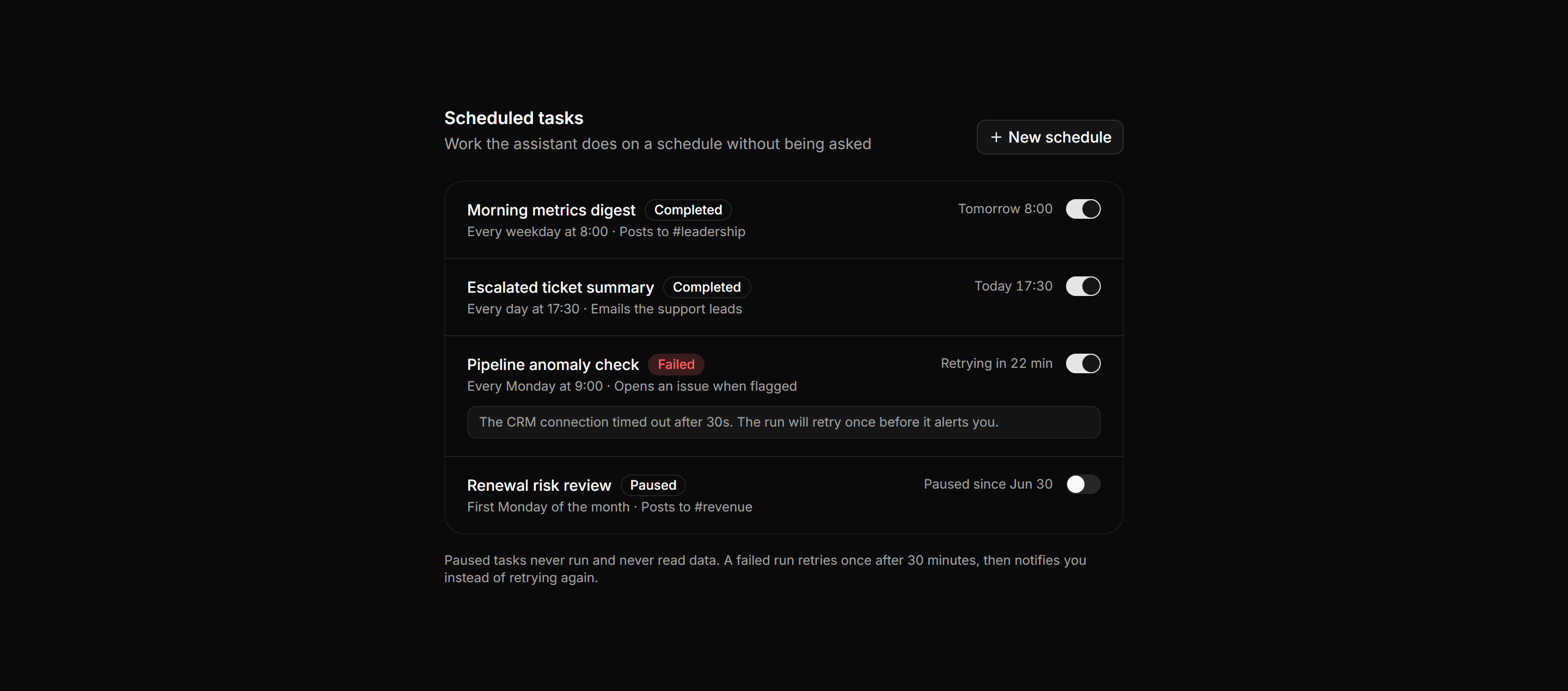 Application AI Assistant: Scheduled Agents List