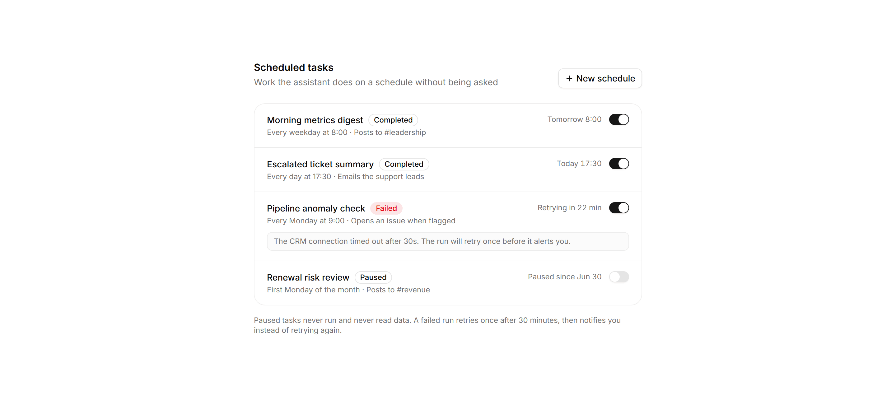 Application AI Assistant: Scheduled Agents List
