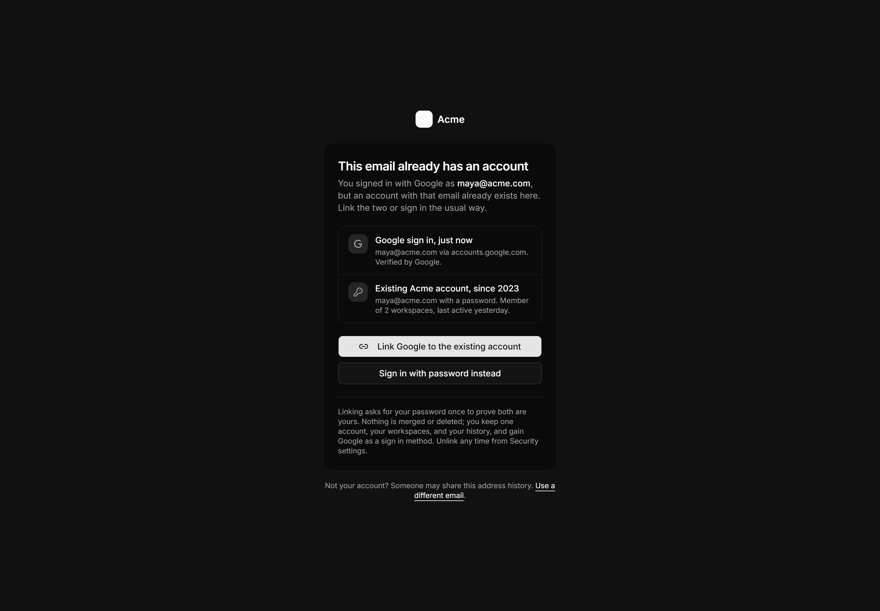 Application Auth Page: Account Linking Page