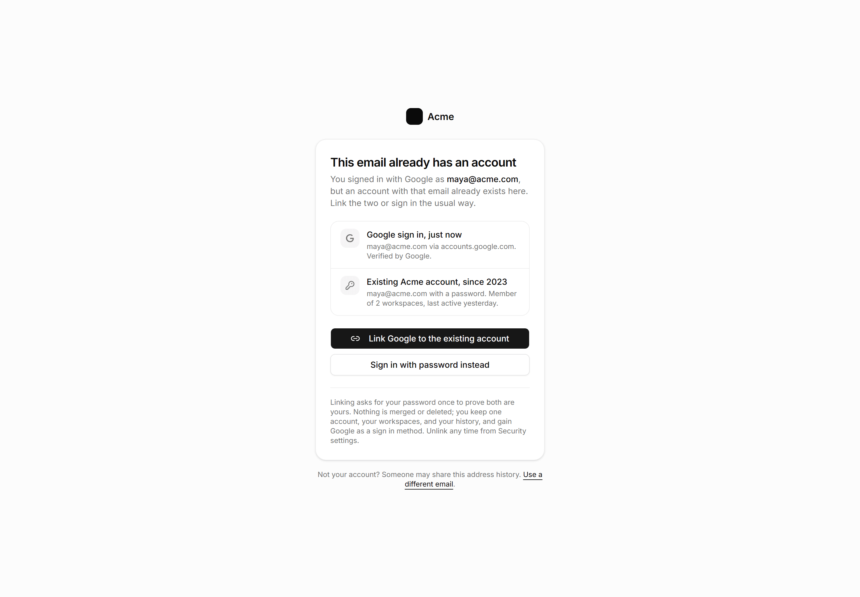 Application Auth Page: Account Linking Page
