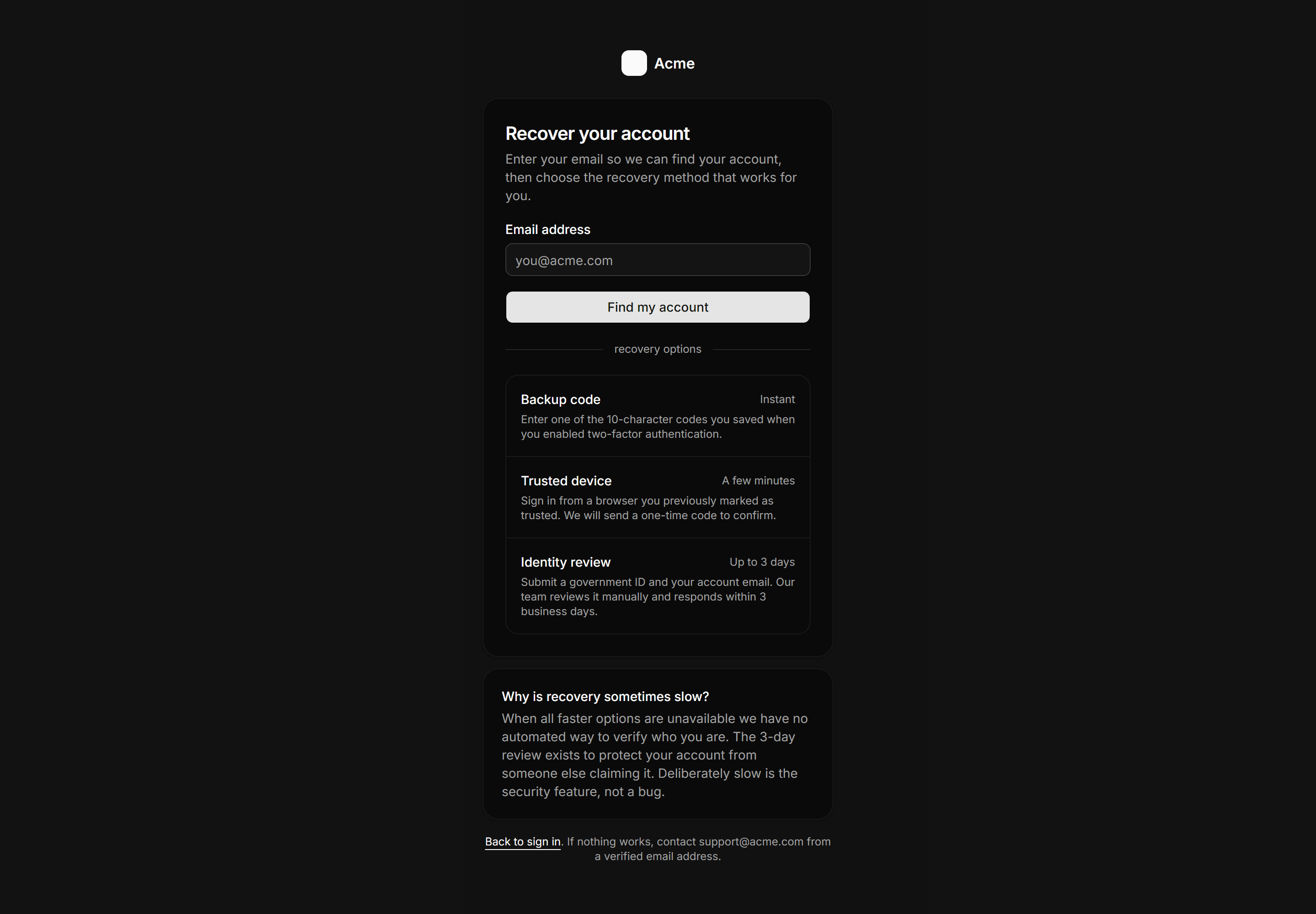Application Auth Page: Account Recovery Page
