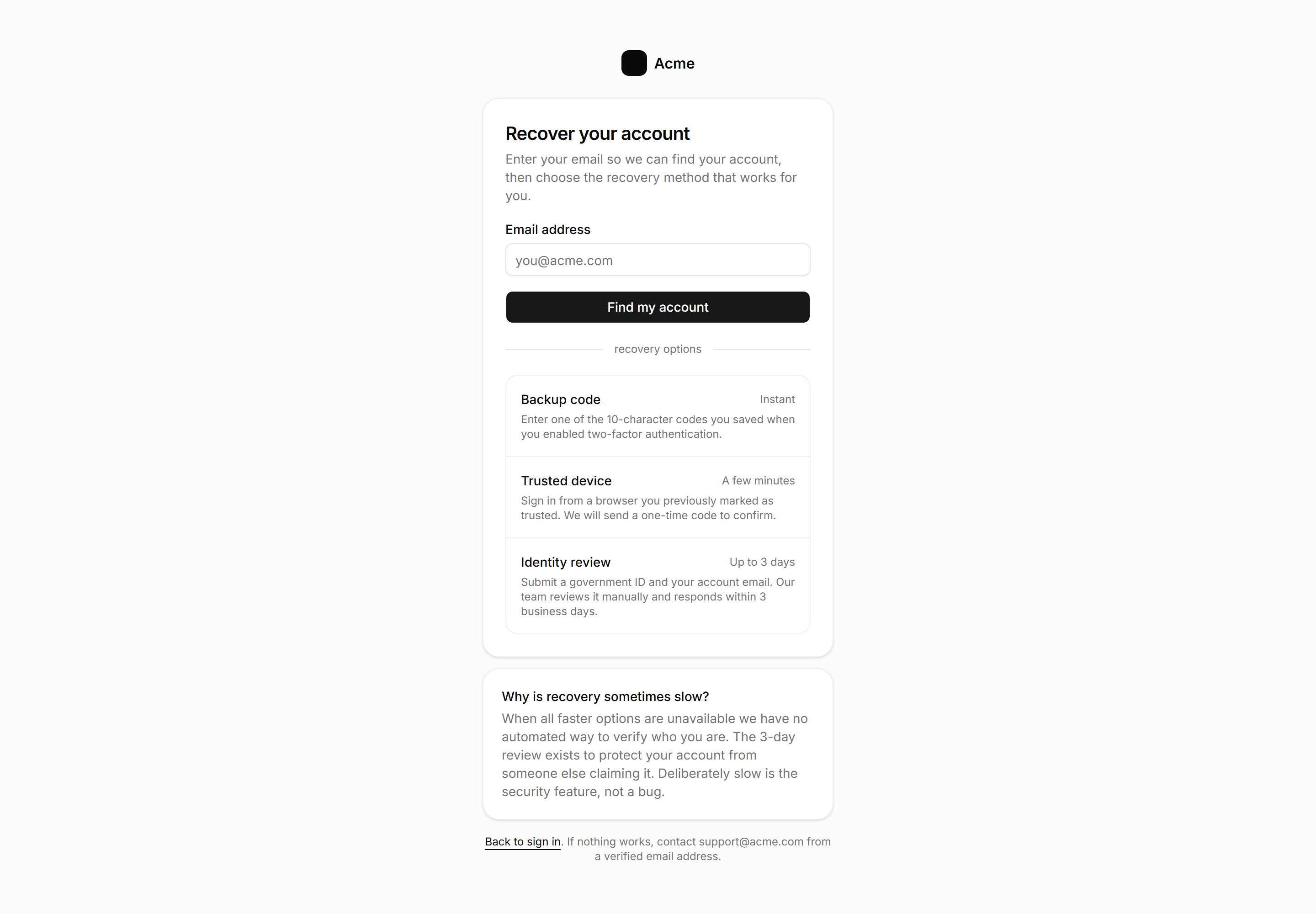 Application Auth Page: Account Recovery Page