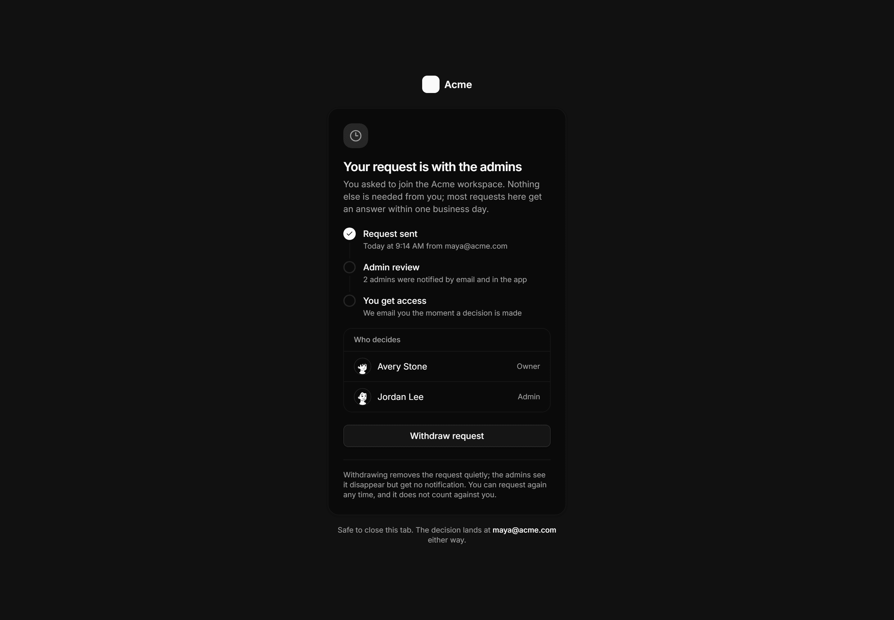 Application Auth Page: Approval Pending Page