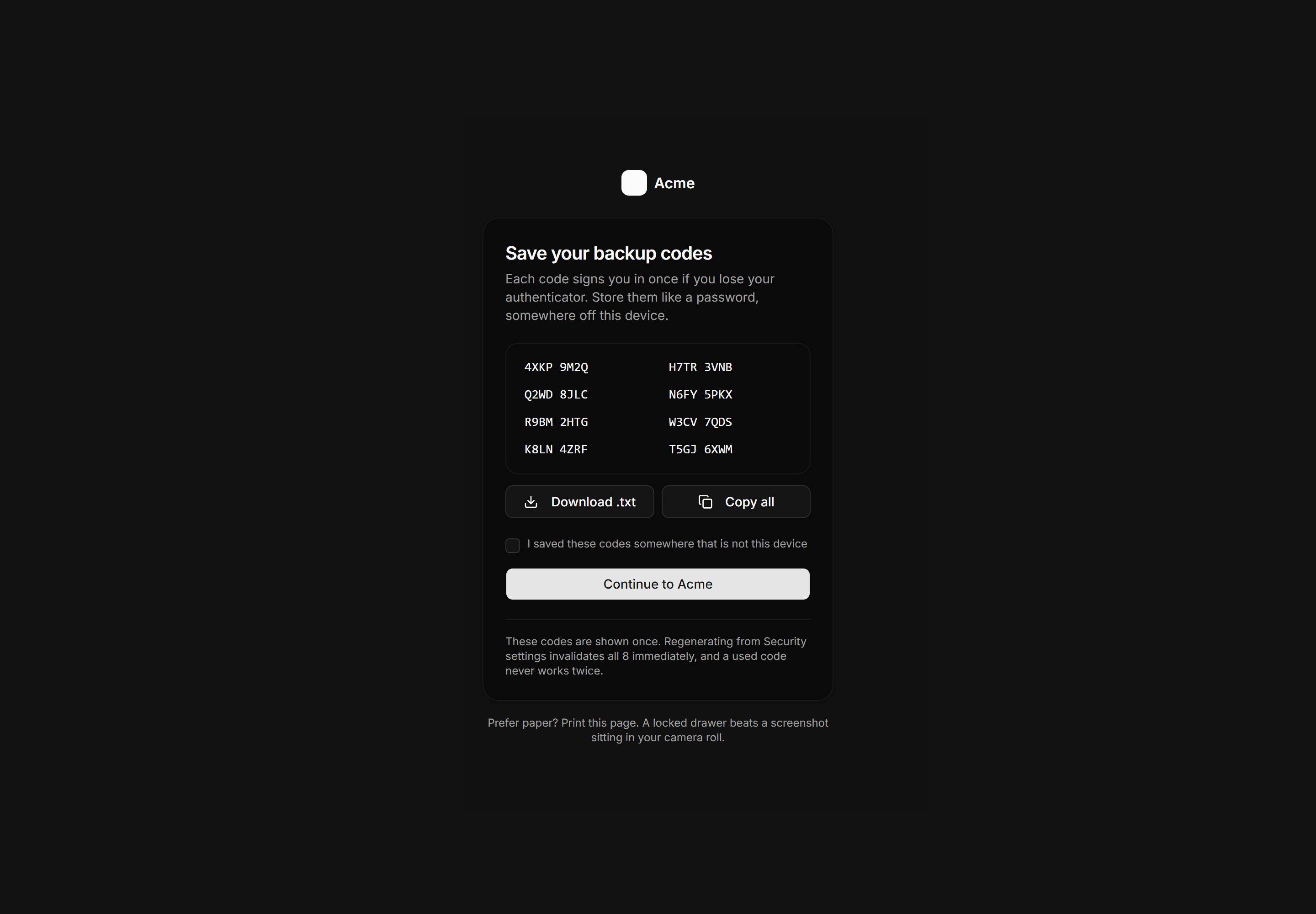 Application Auth Page: Backup Codes Page