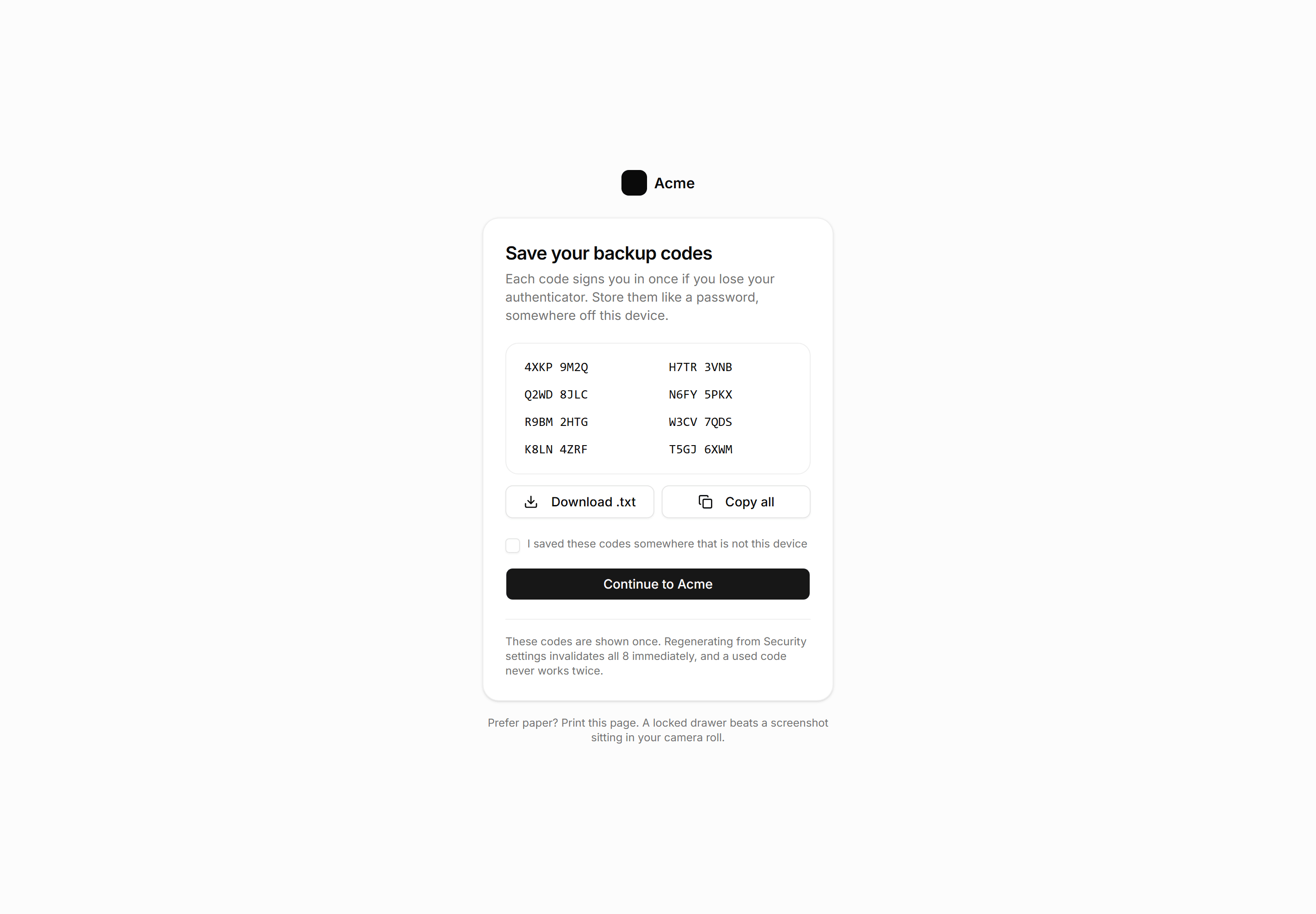 Application Auth Page: Backup Codes Page