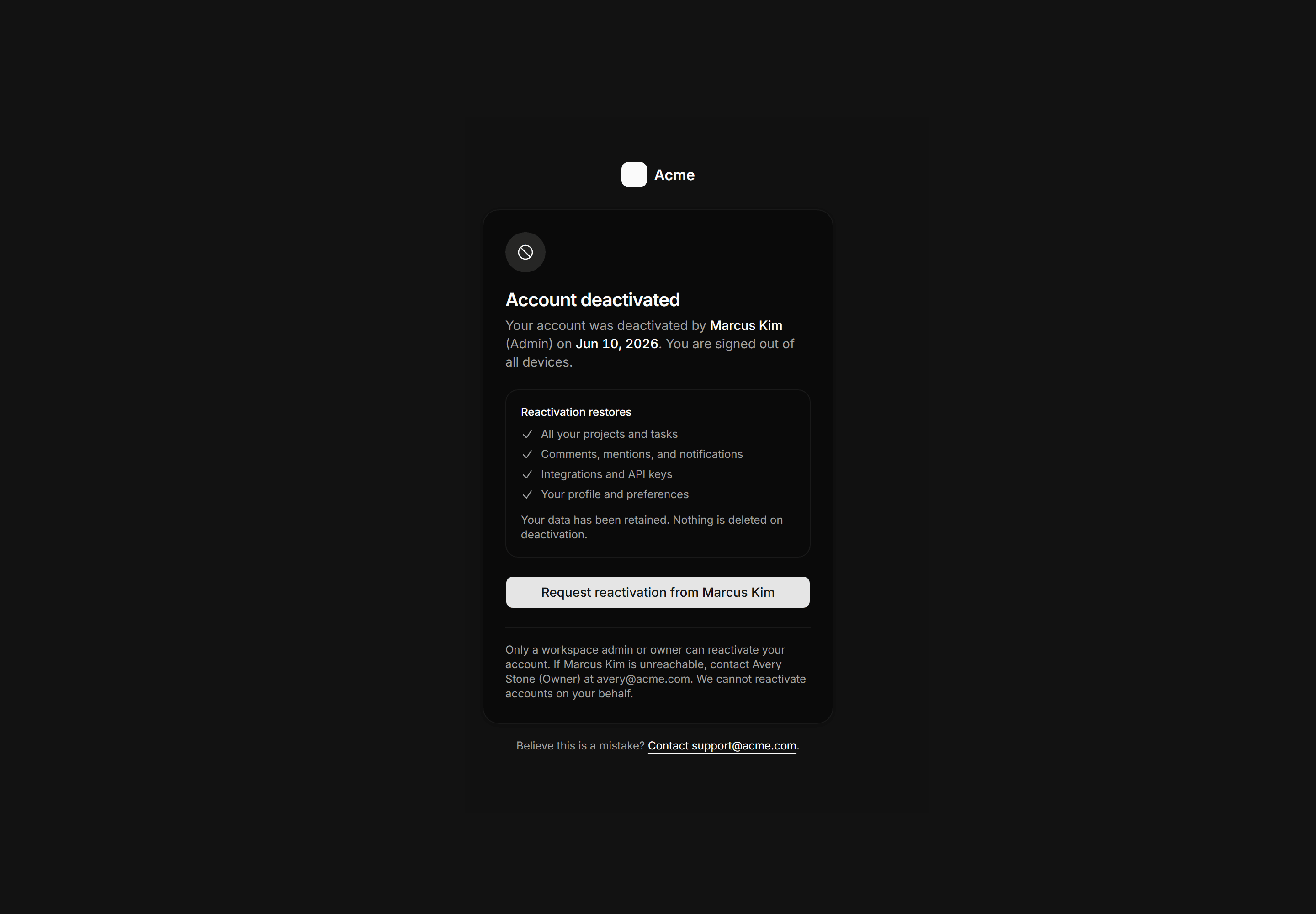 Application Auth Page: Deactivated Account Page