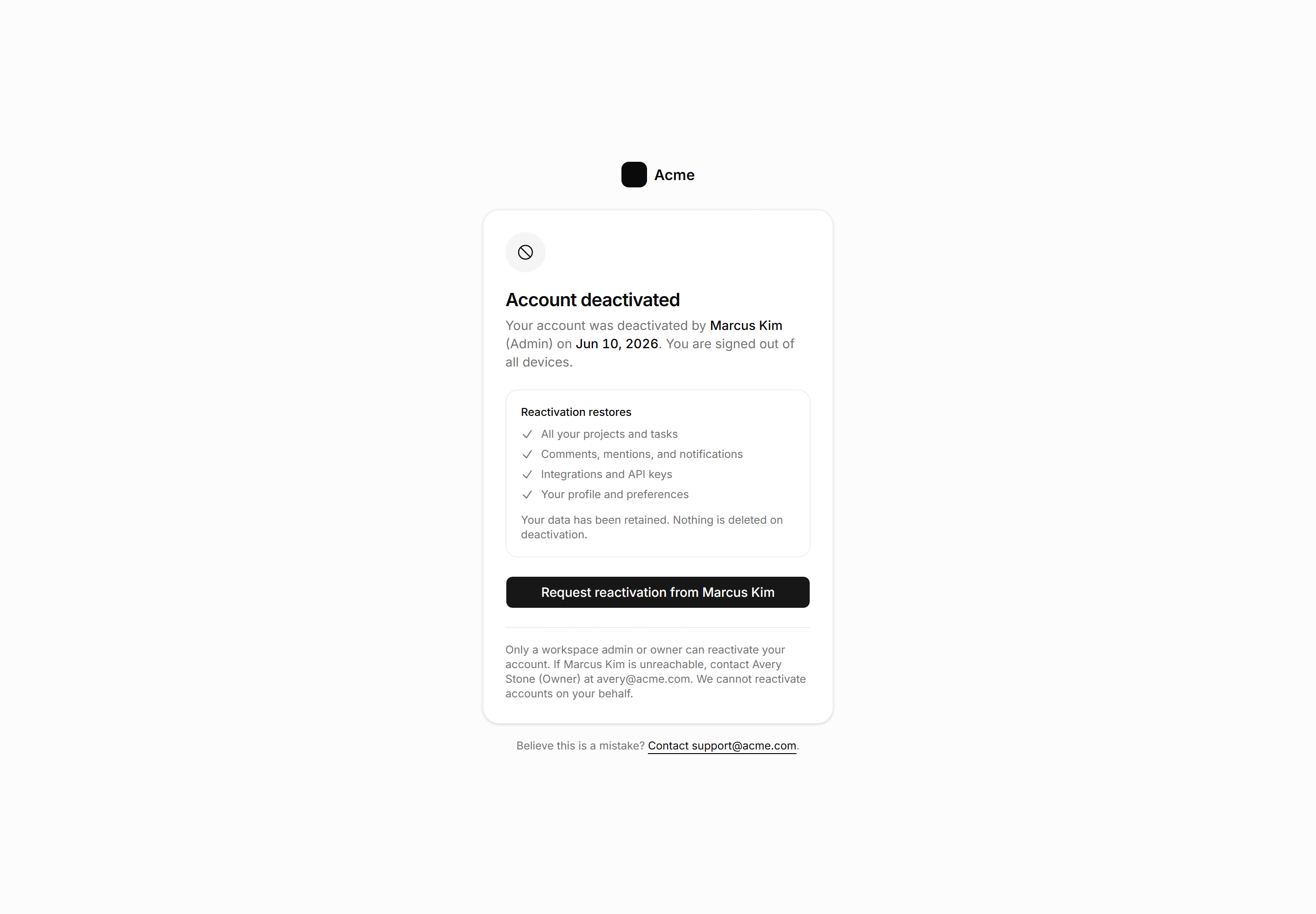 Application Auth Page: Deactivated Account Page