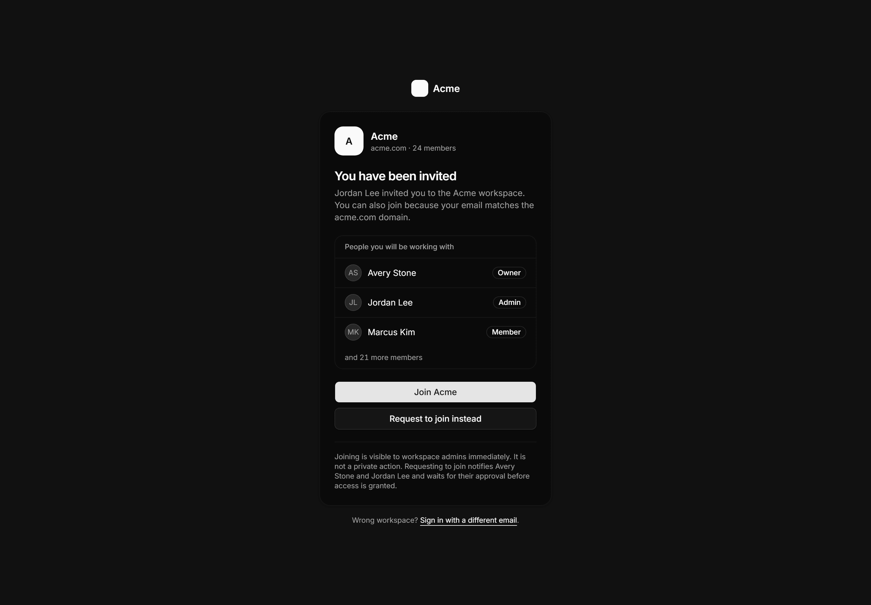 Application Auth Page: Join Workspace Page