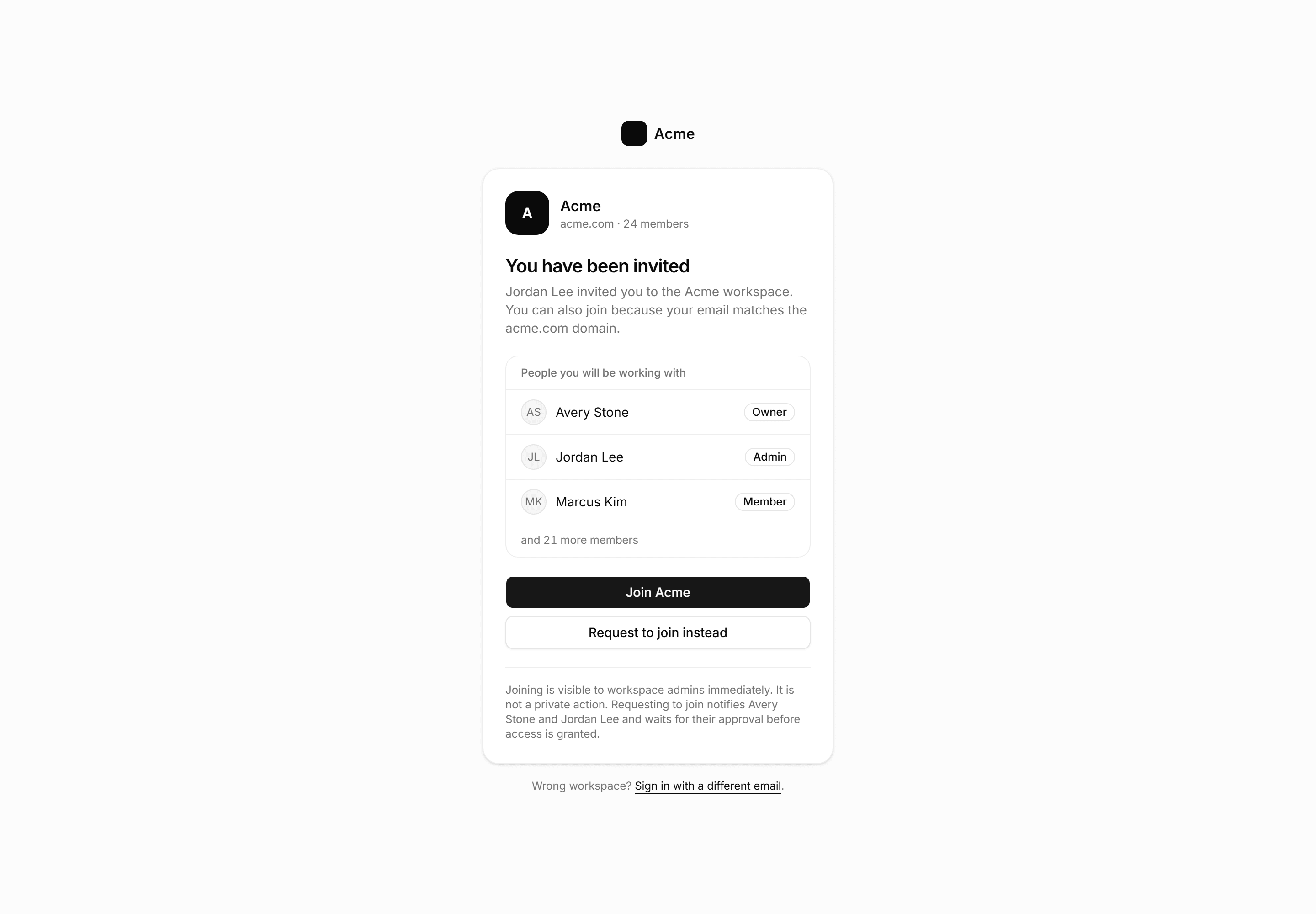 Application Auth Page: Join Workspace Page
