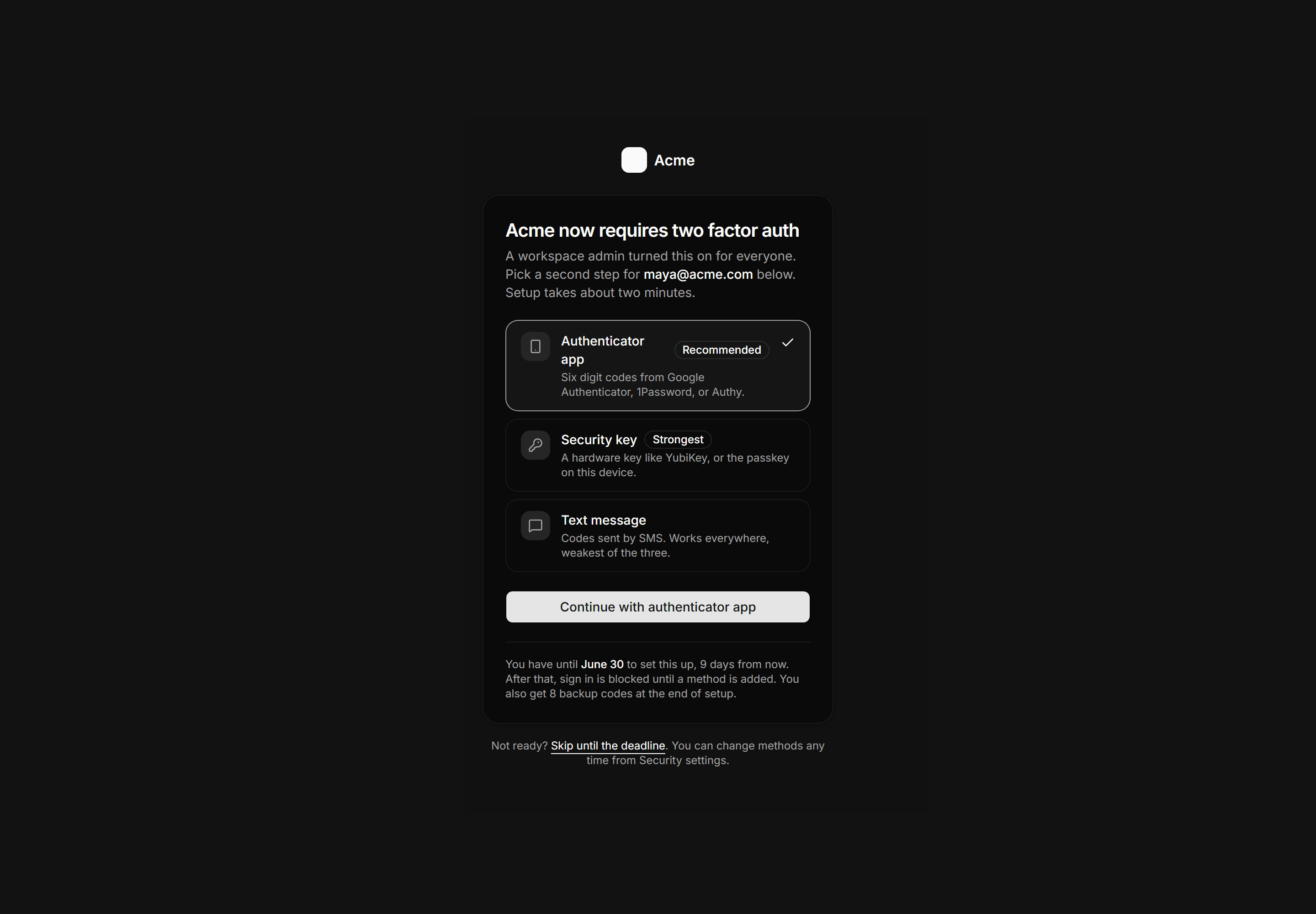 Application Auth Page: MFA Enrollment Page