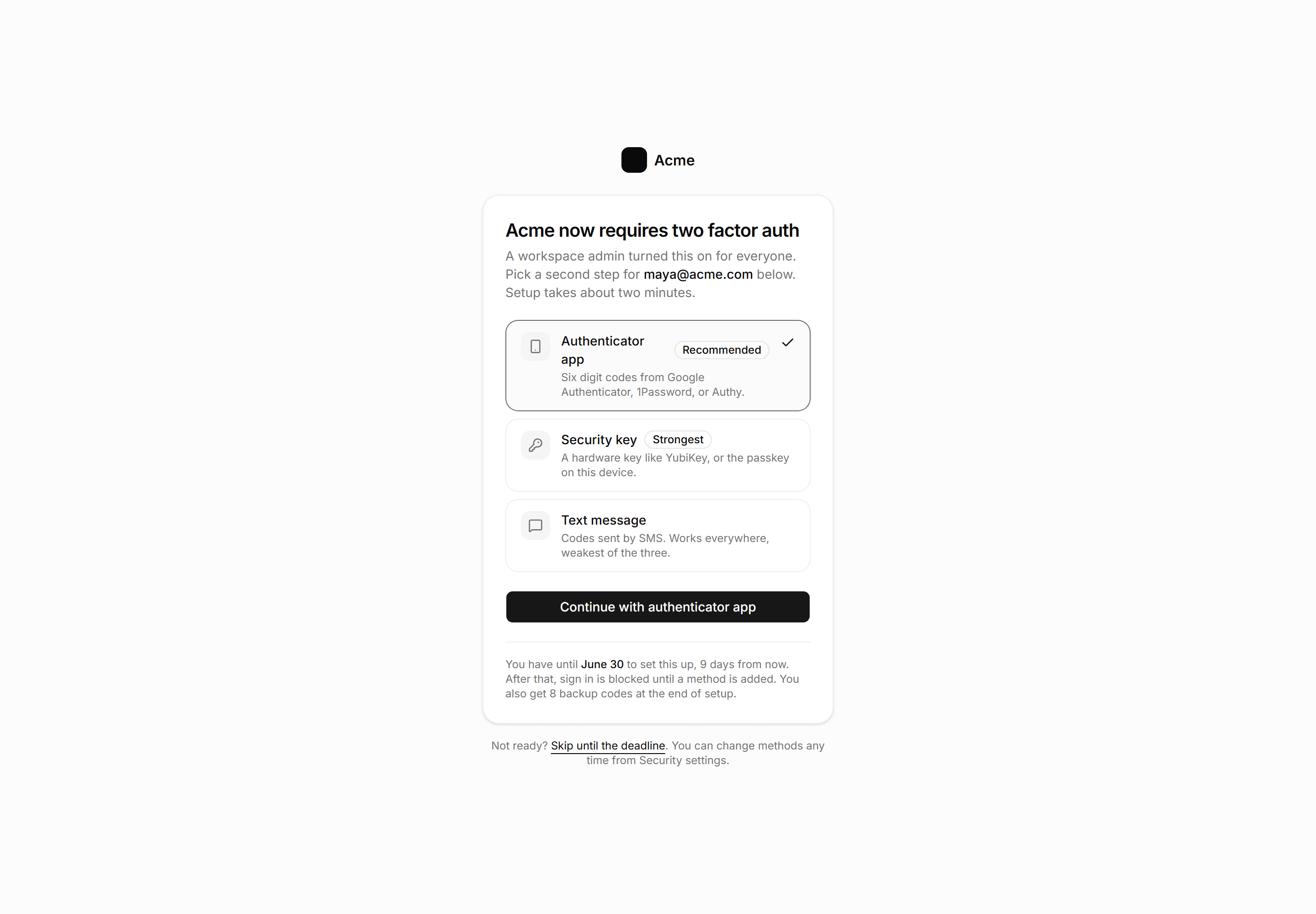 Application Auth Page: MFA Enrollment Page