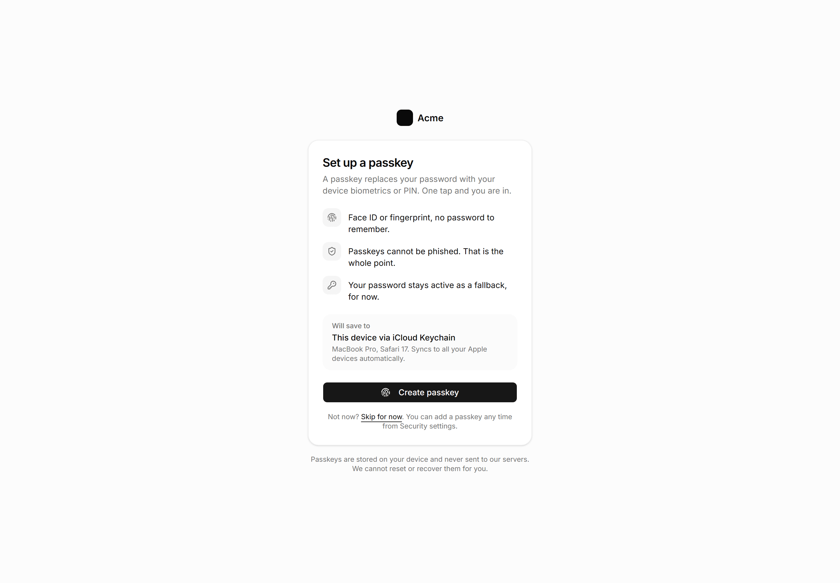 Application Auth Page: Passkey Setup Page