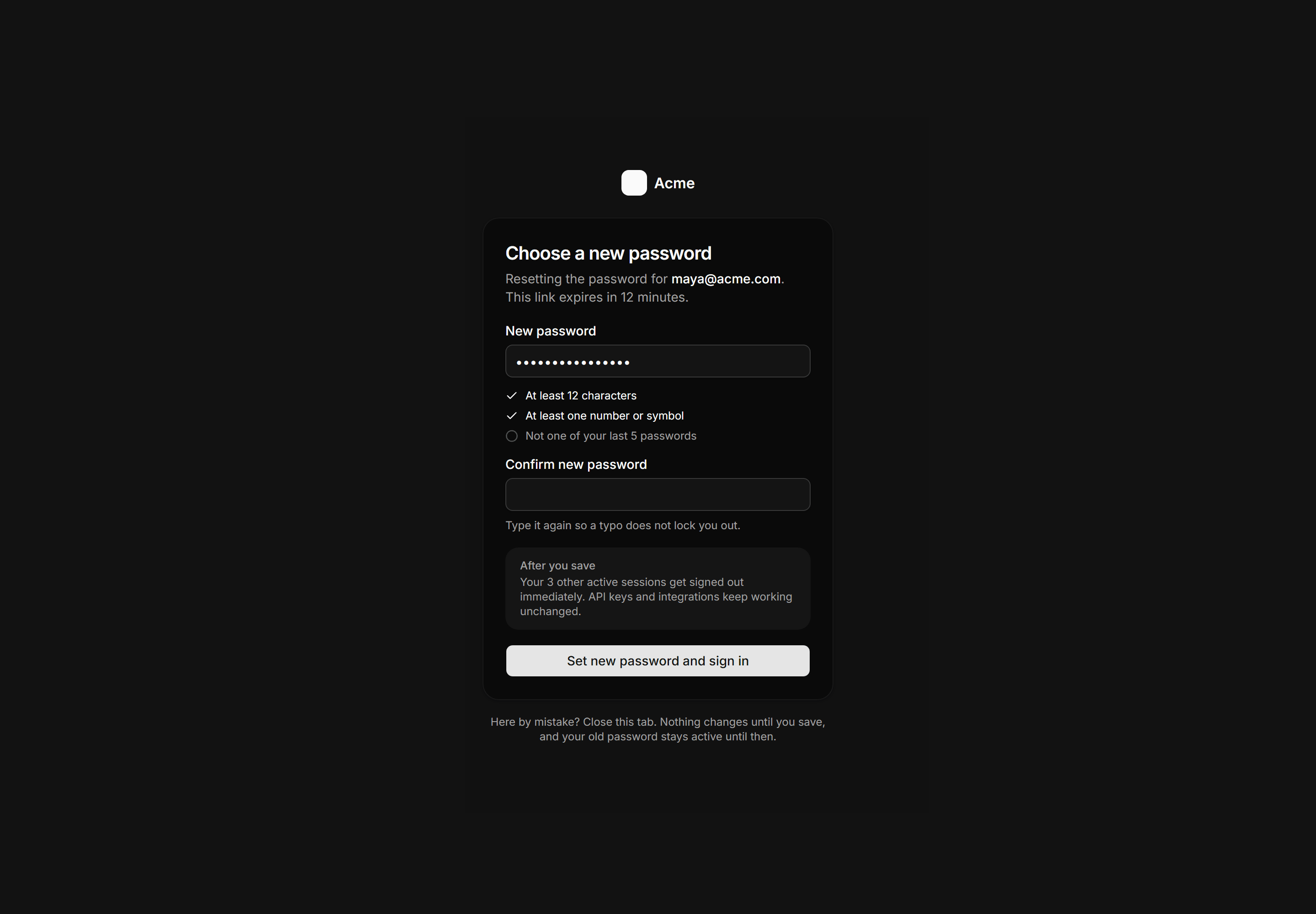 Application Auth Page: Reset Password Page