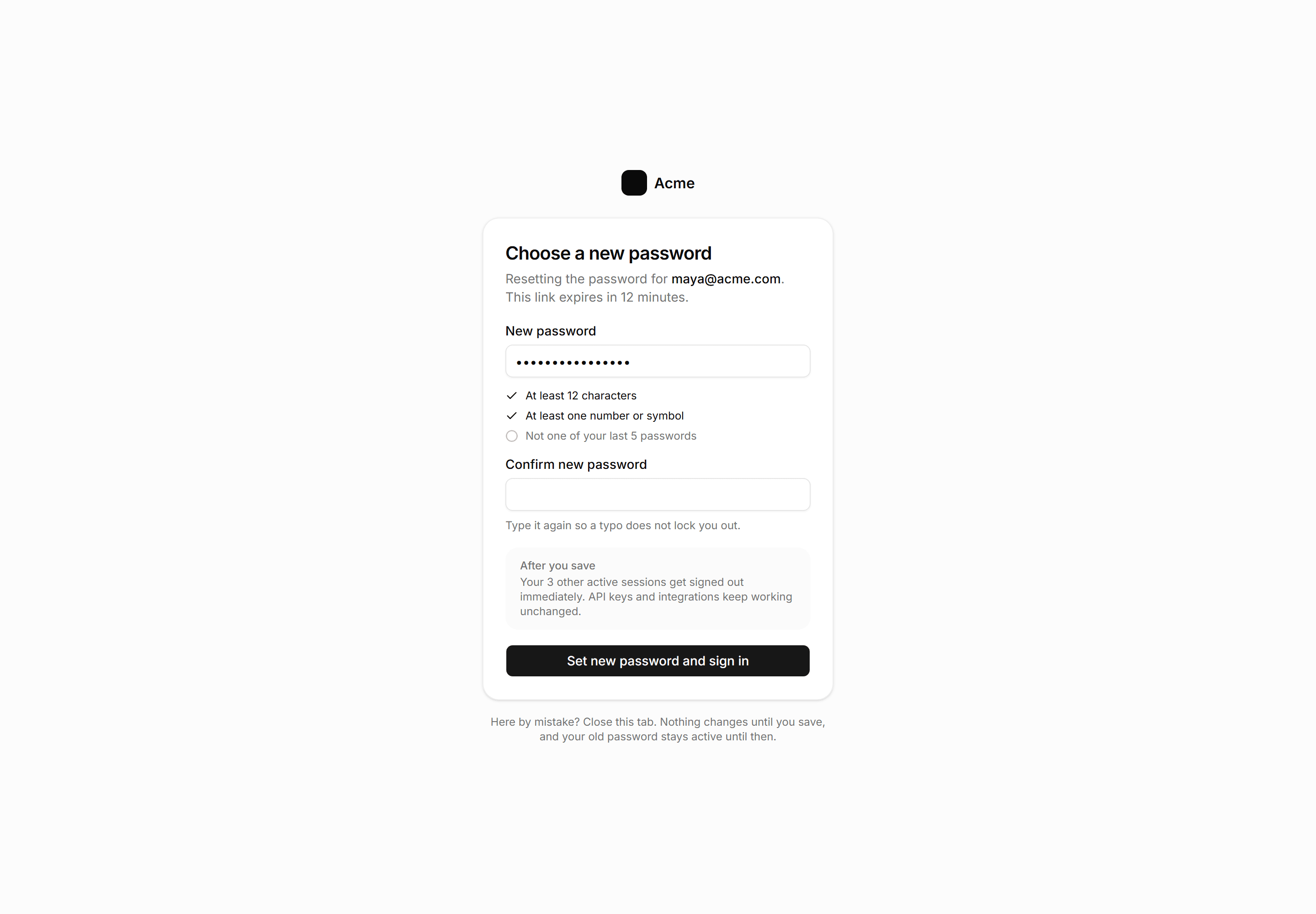 Application Auth Page: Reset Password Page