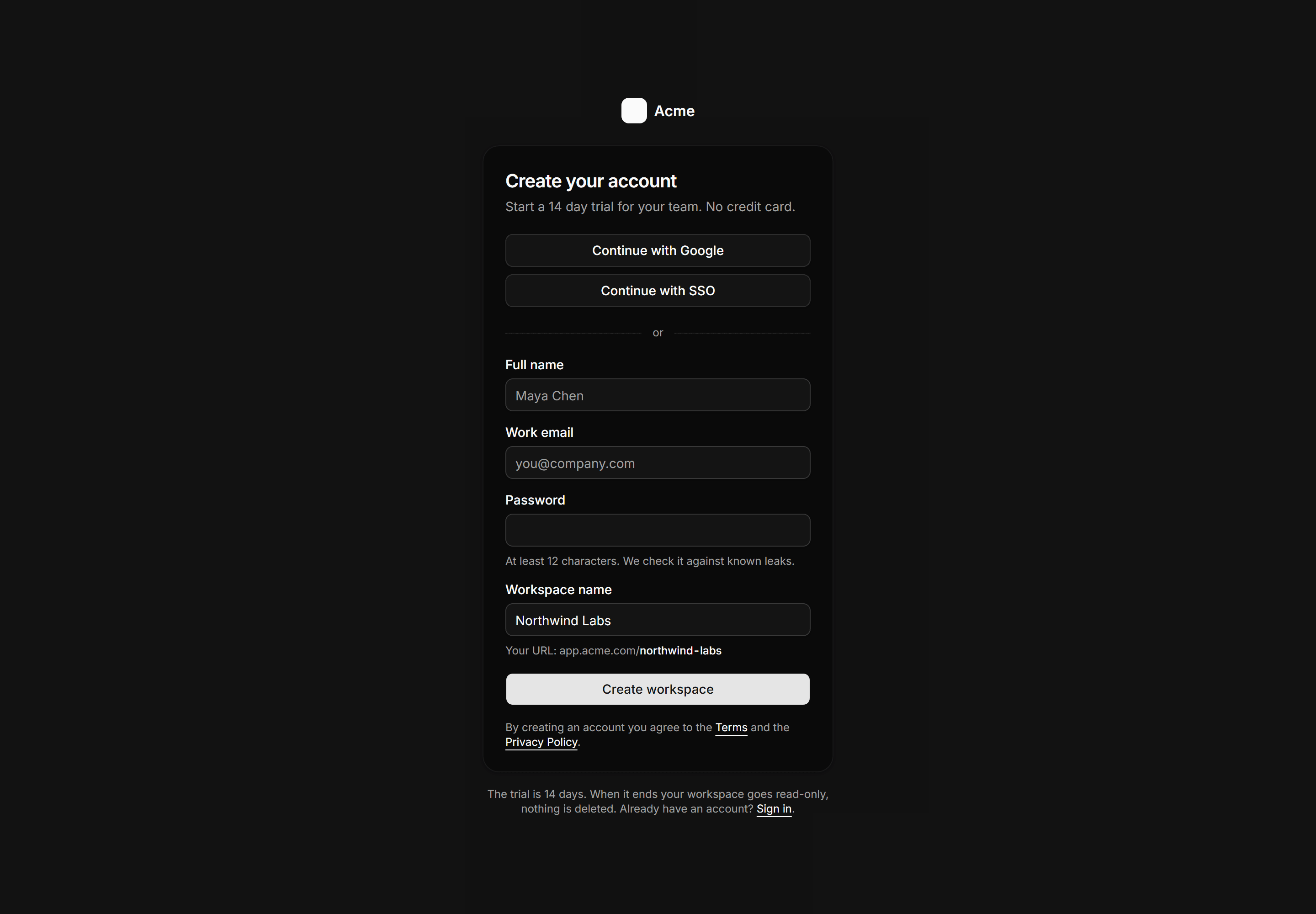 Application Auth Page: Sign Up Page