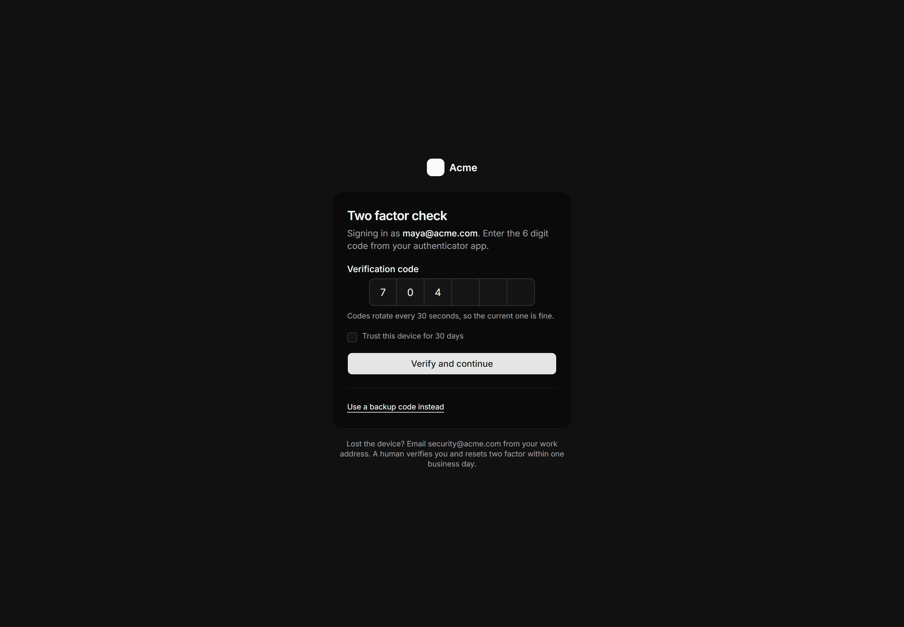 Application Auth Page: Two Factor Page