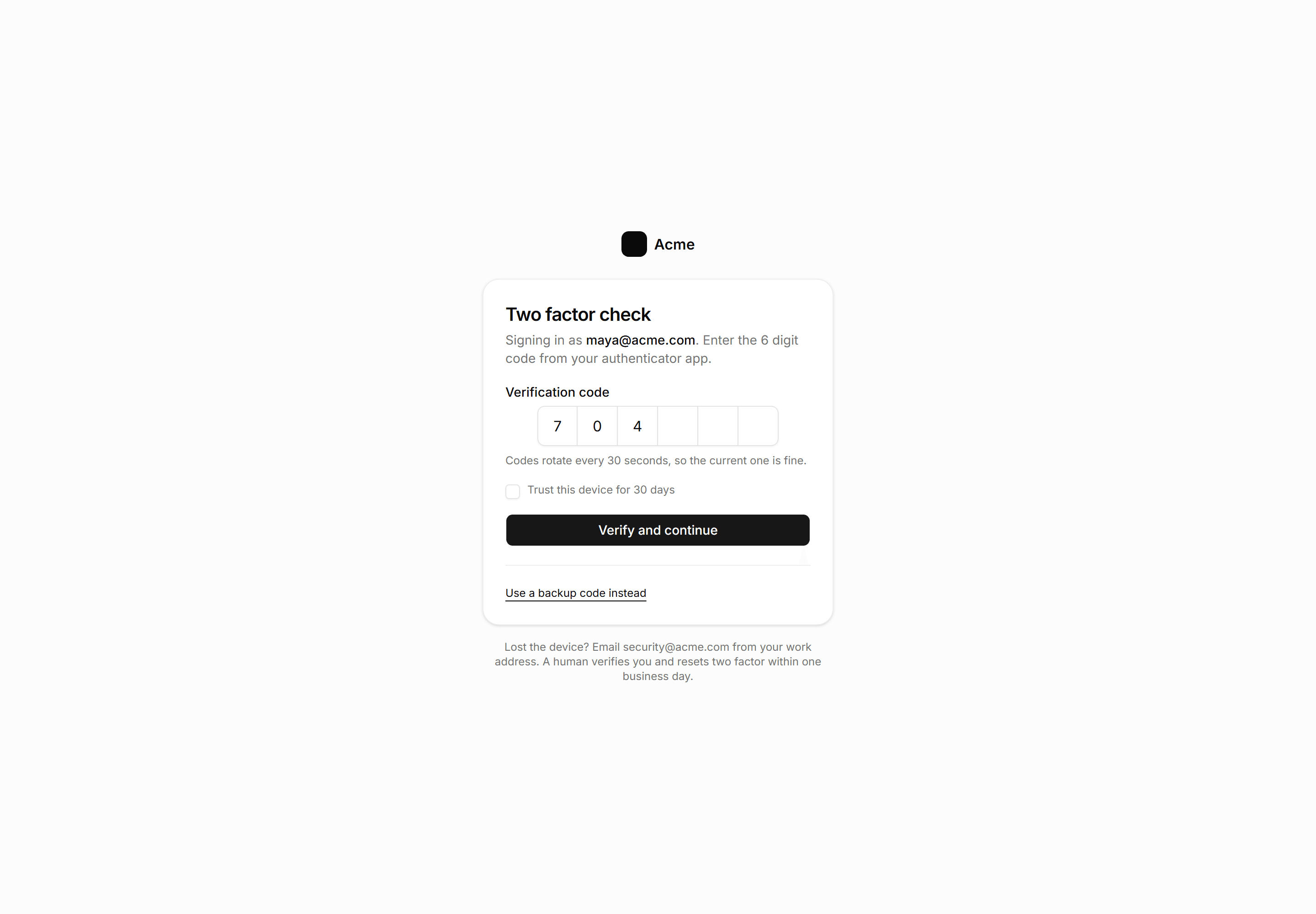 Application Auth Page: Two Factor Page