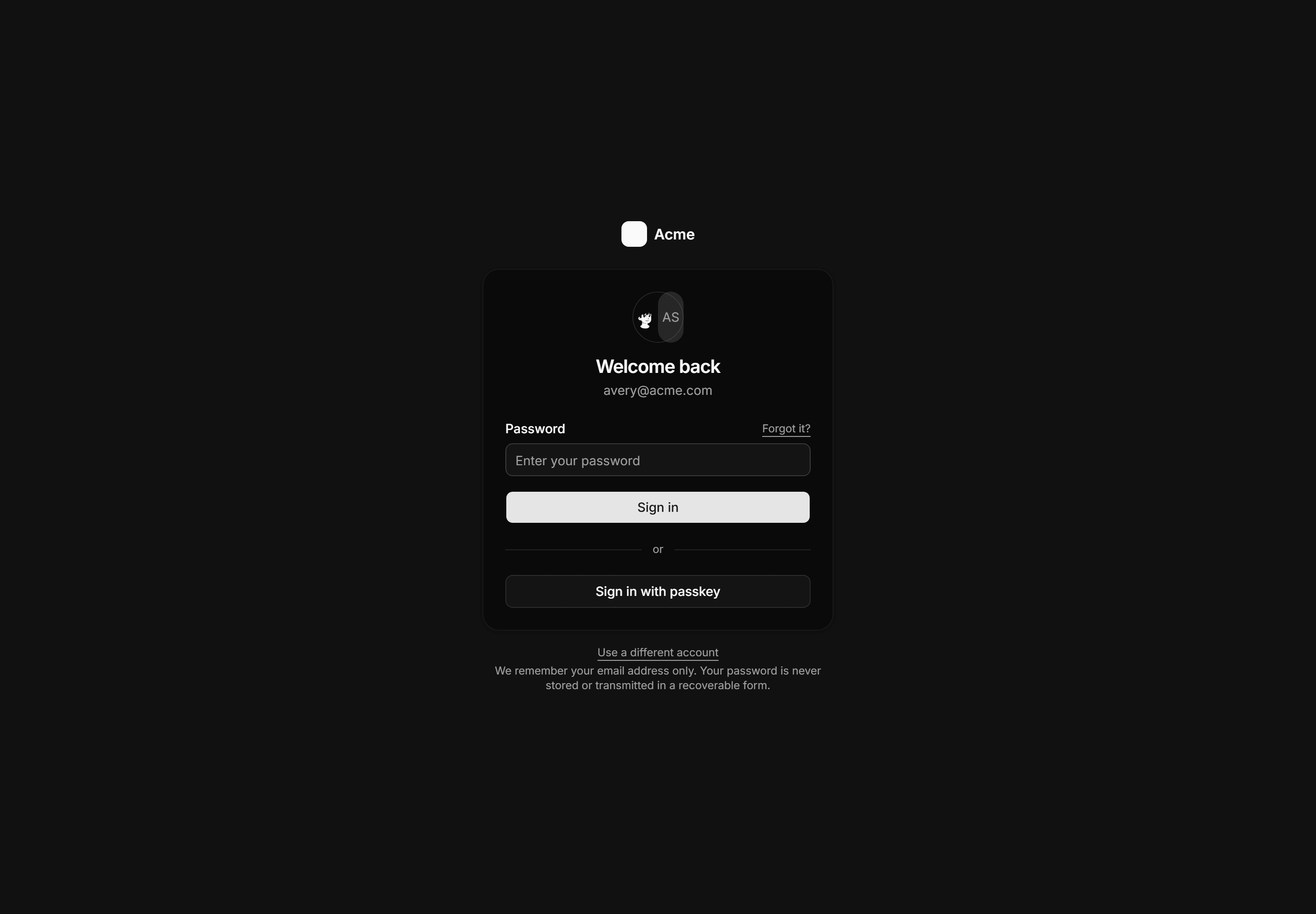 Application Auth Page: Welcome Back Login