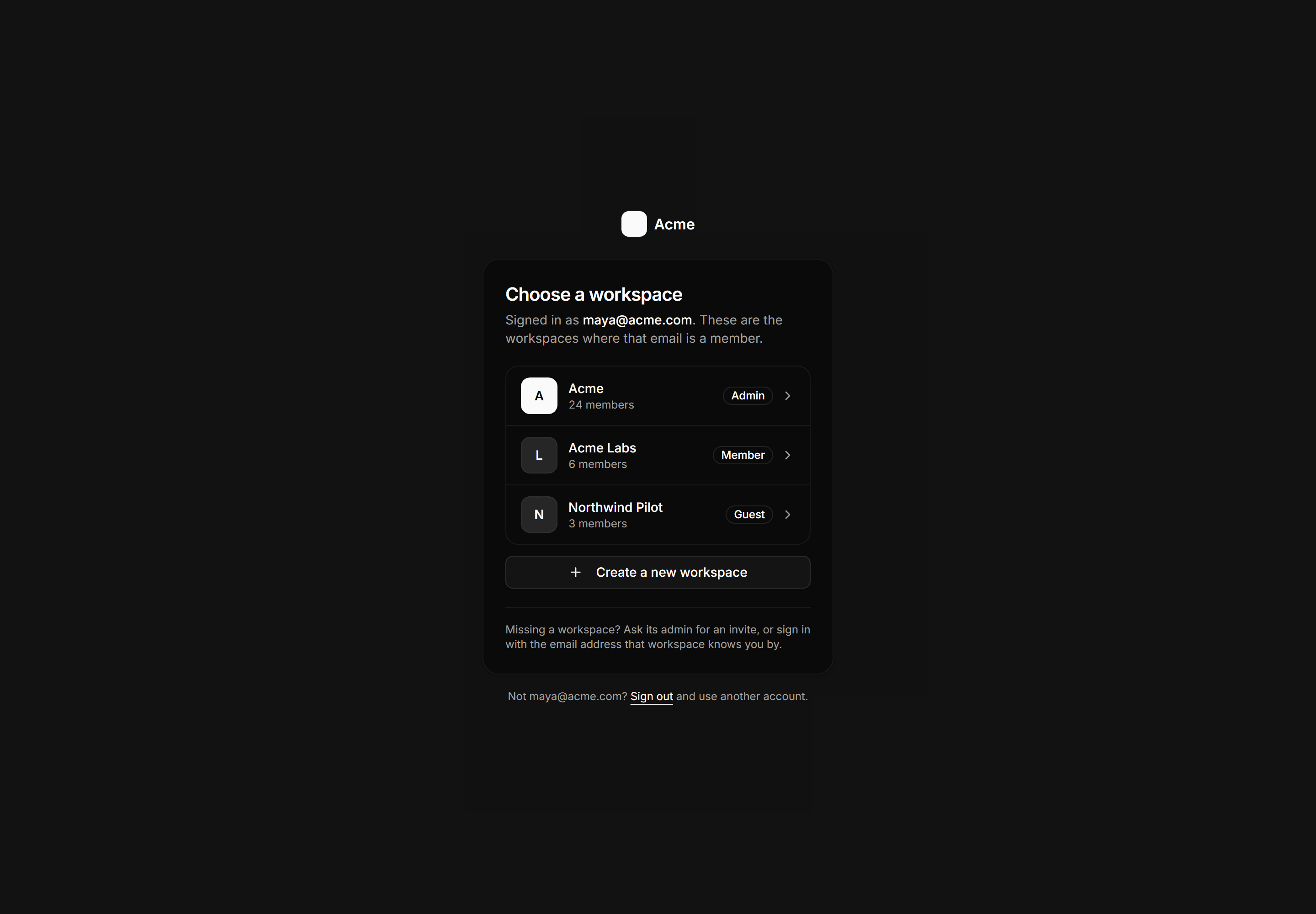 Application Auth Page: Workspace Picker Page