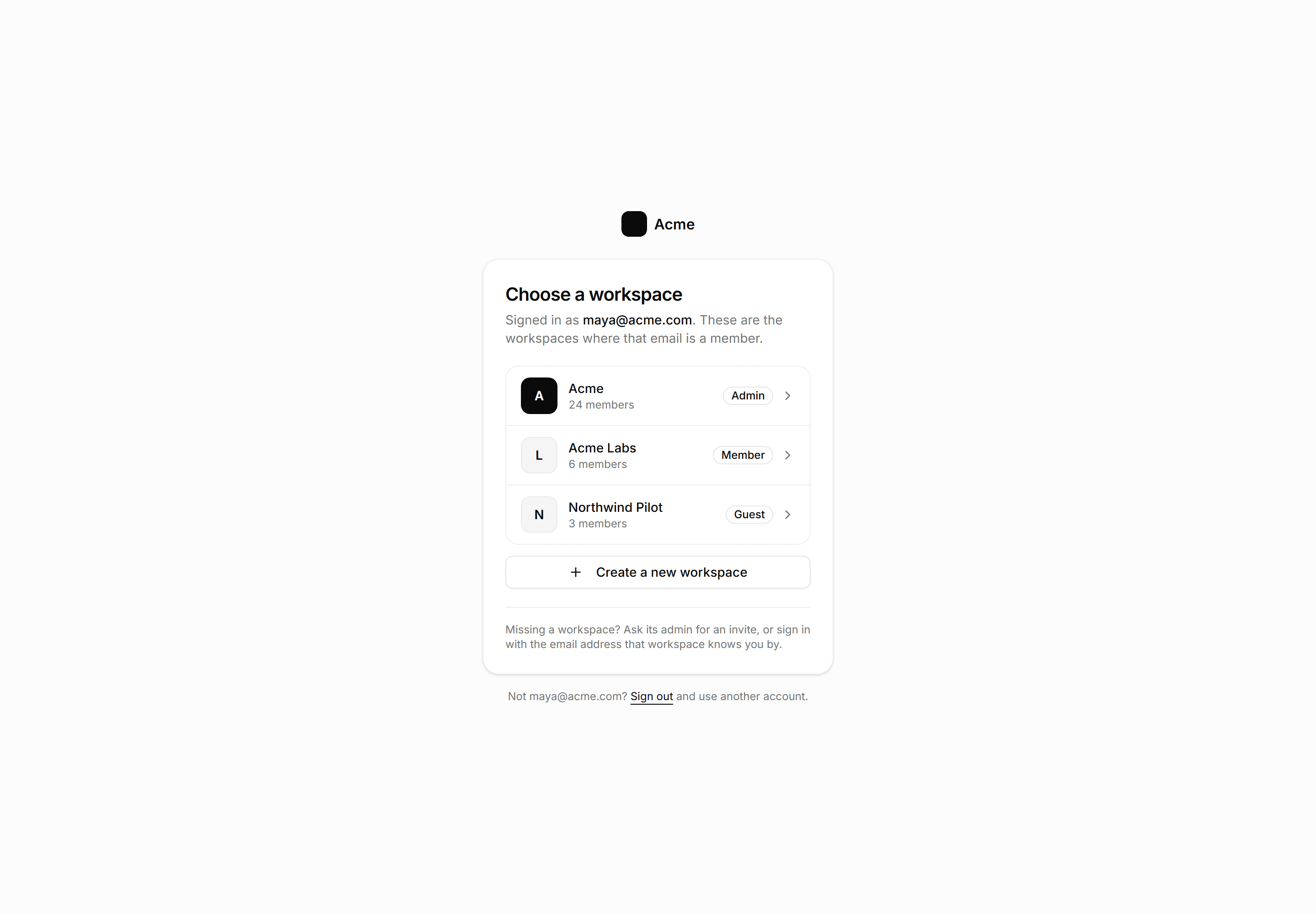Application Auth Page: Workspace Picker Page