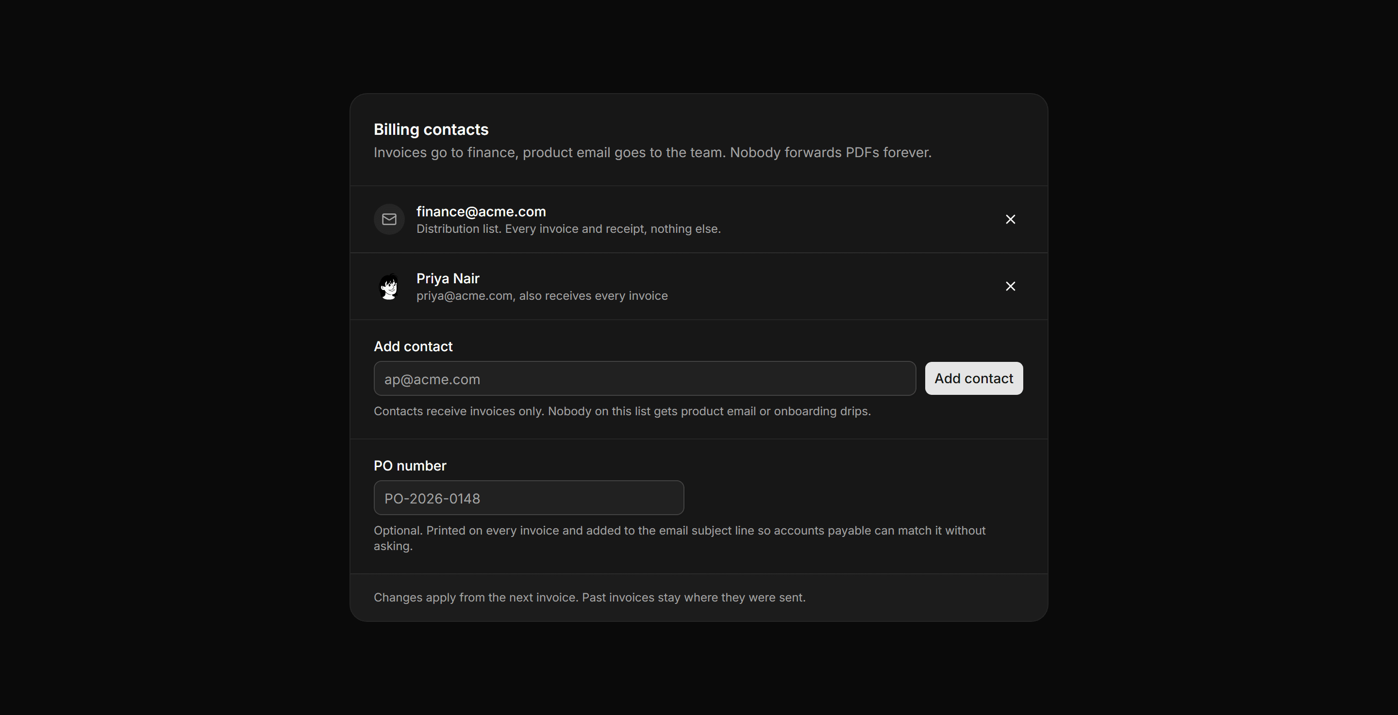 Application Billing: Billing Contacts Card