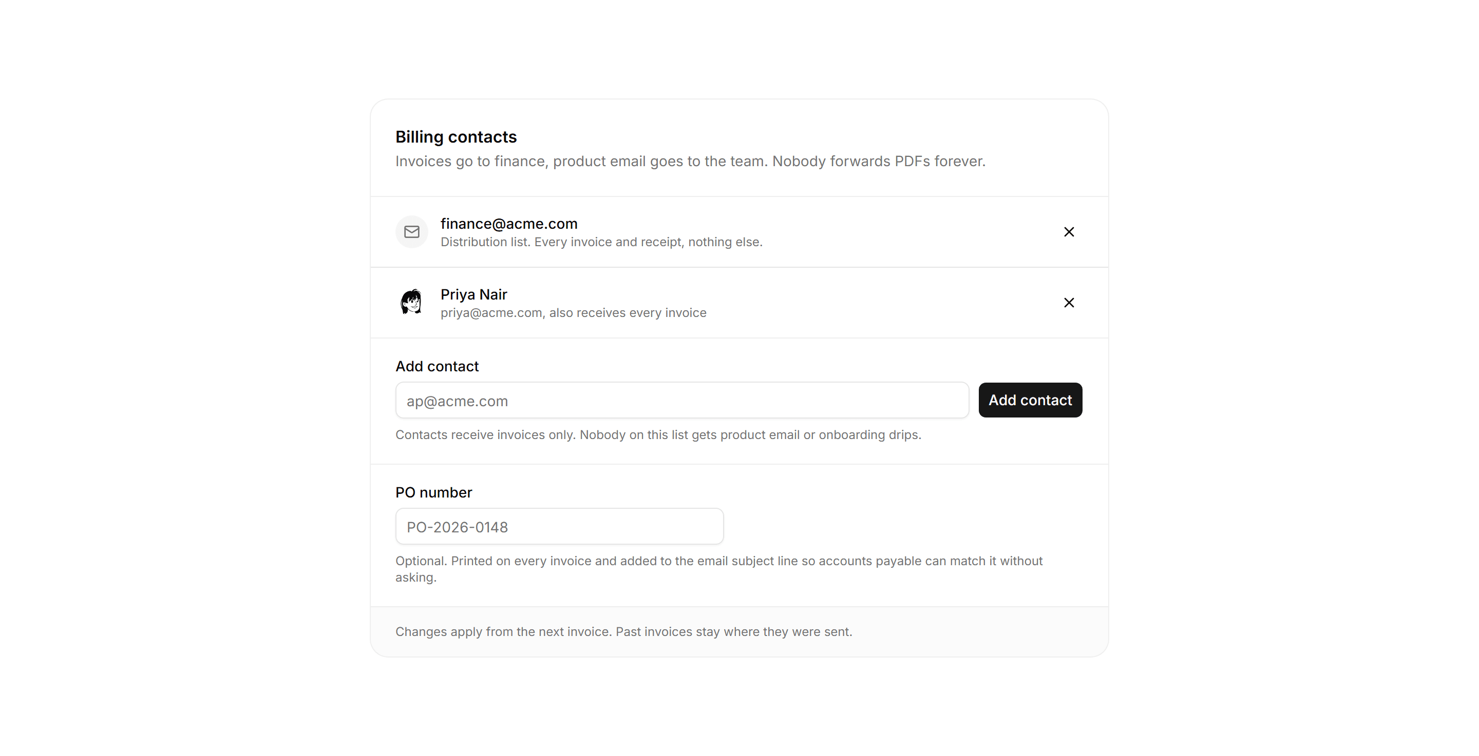 Application Billing: Billing Contacts Card