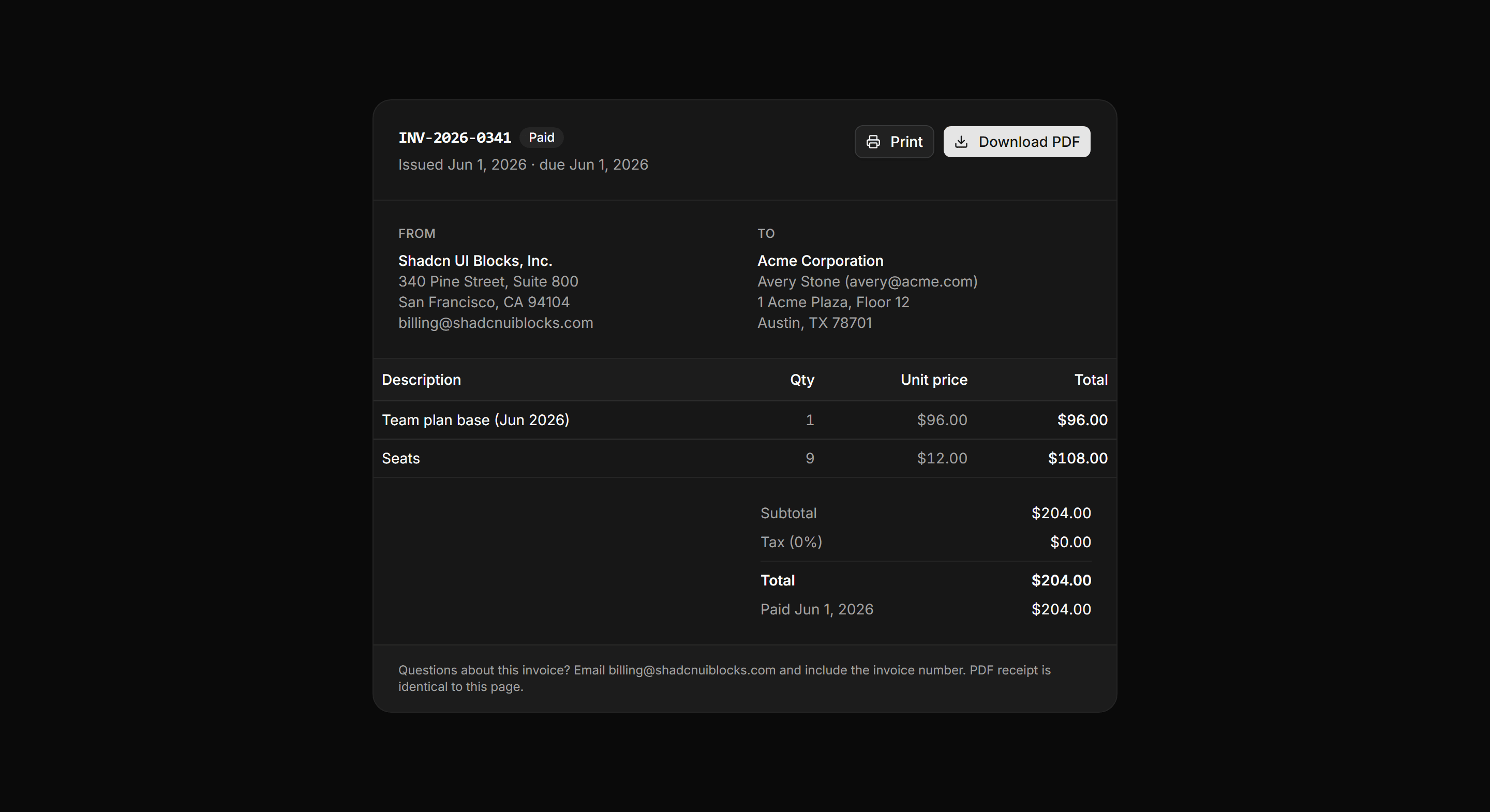 Application Billing: Invoice Detail Page