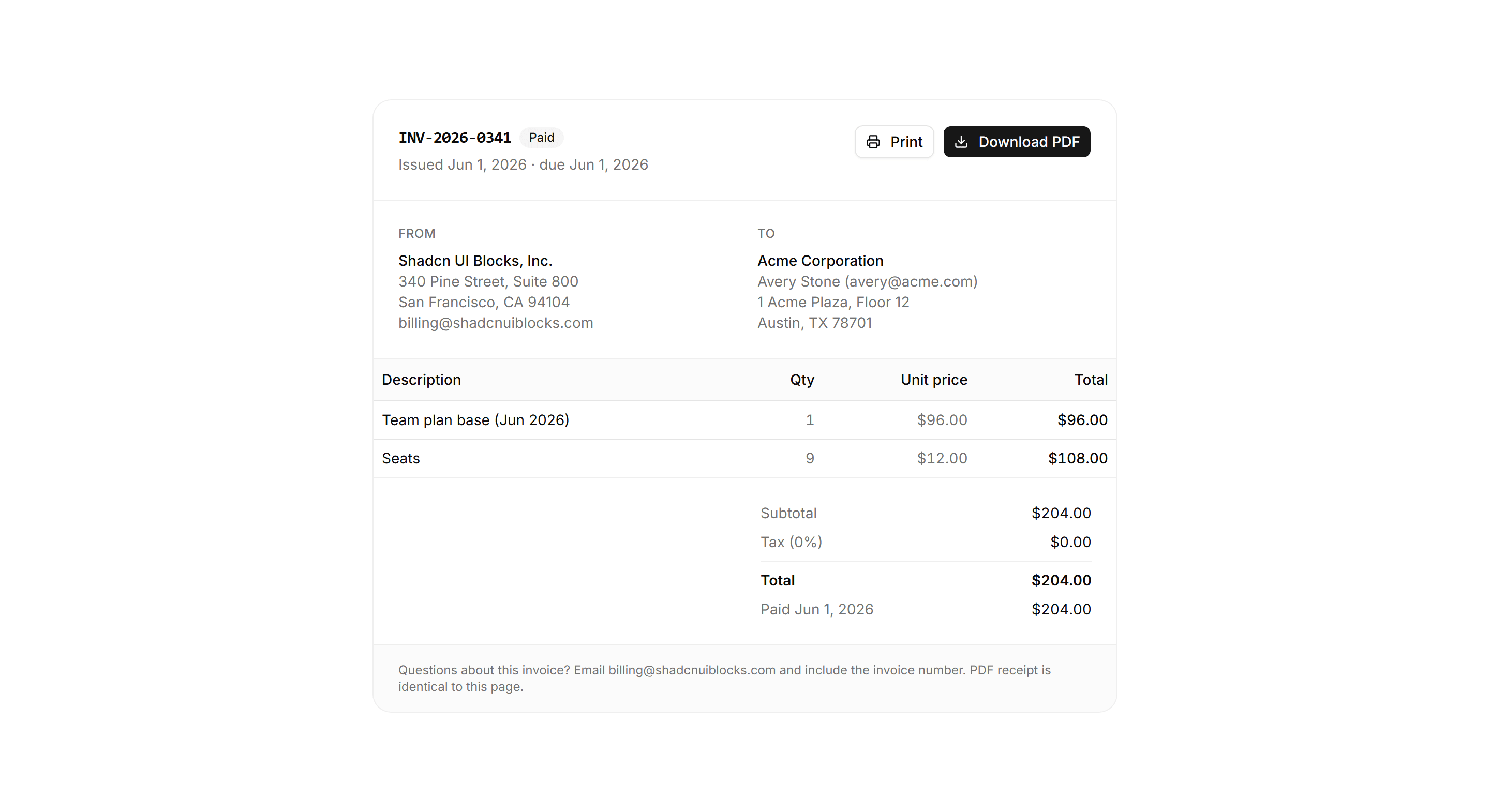 Application Billing: Invoice Detail Page