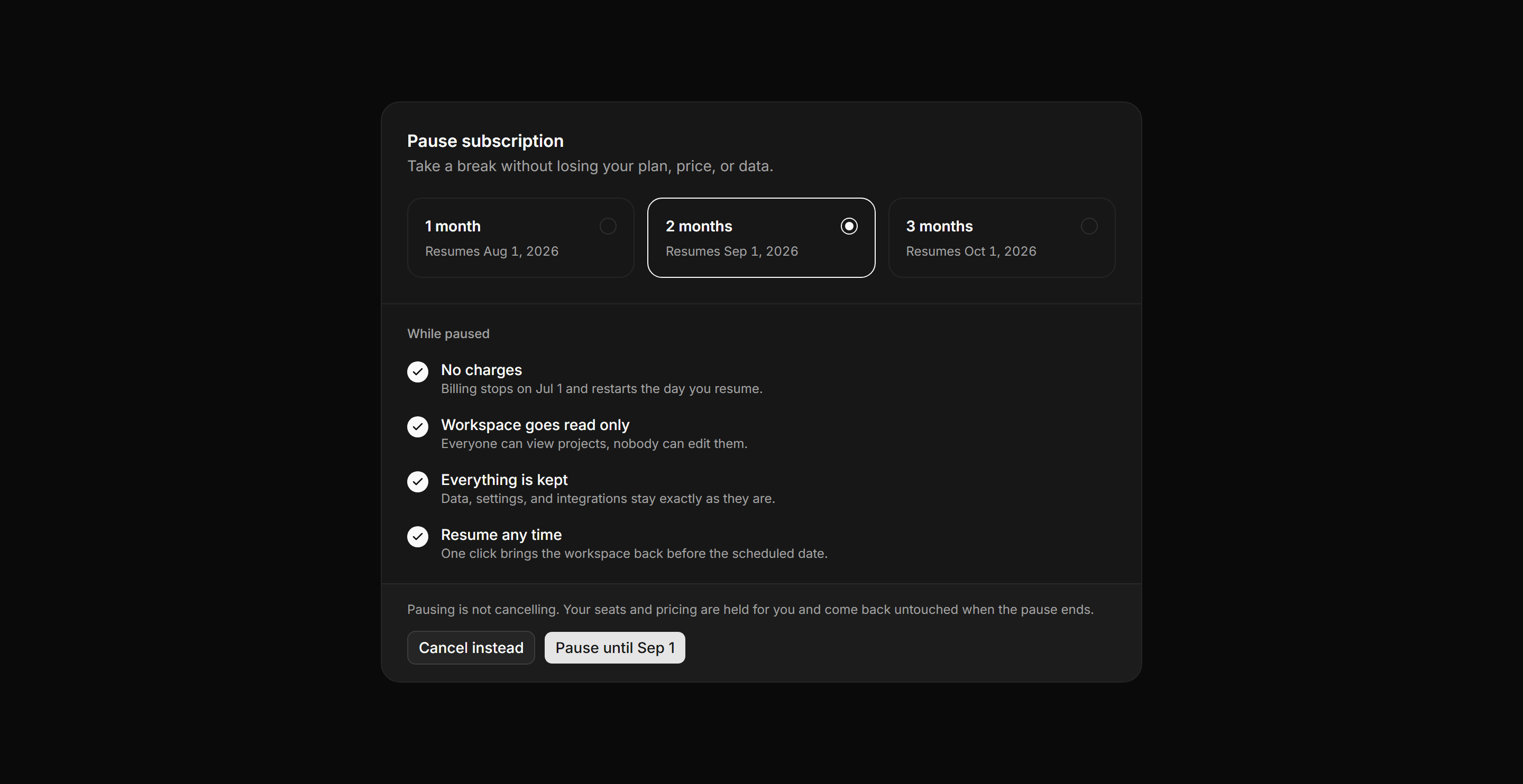 Application Billing: Pause Subscription Panel