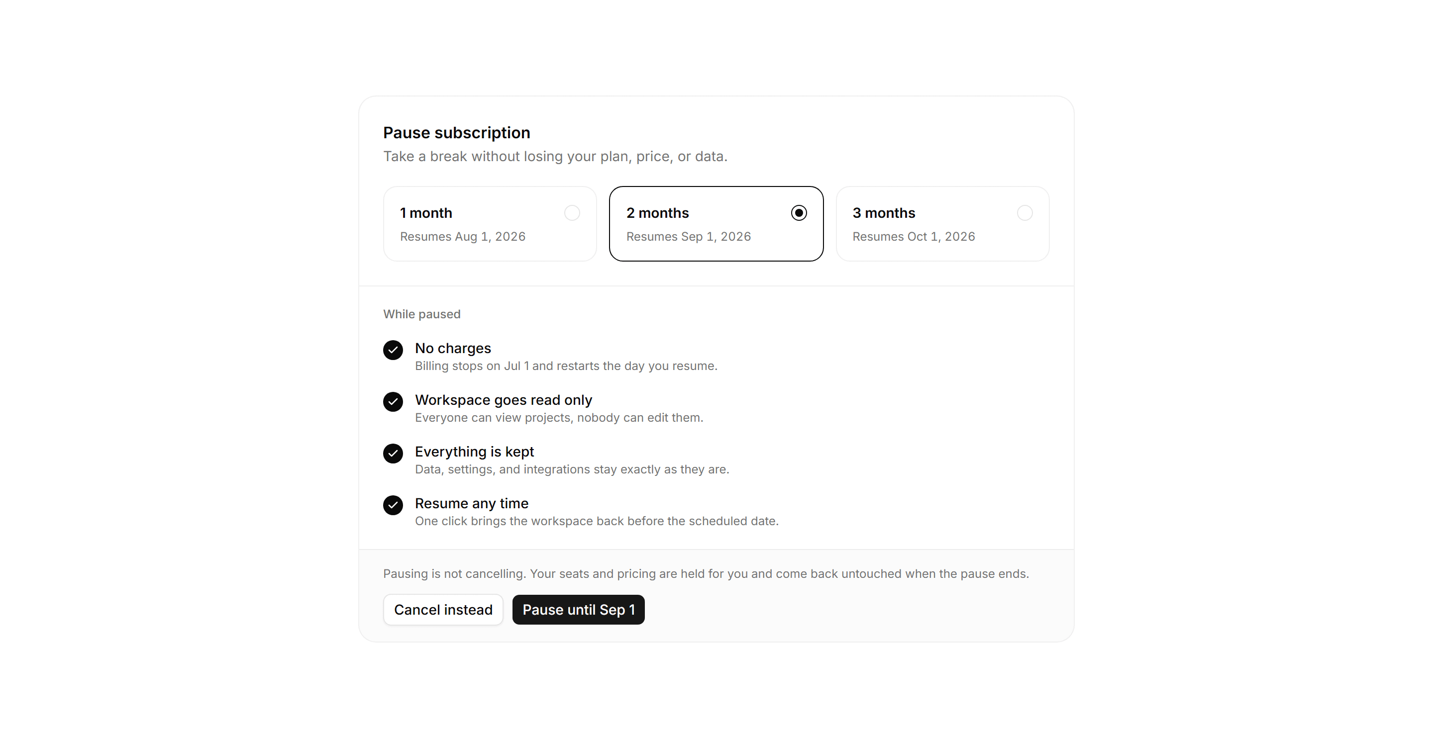 Application Billing: Pause Subscription Panel