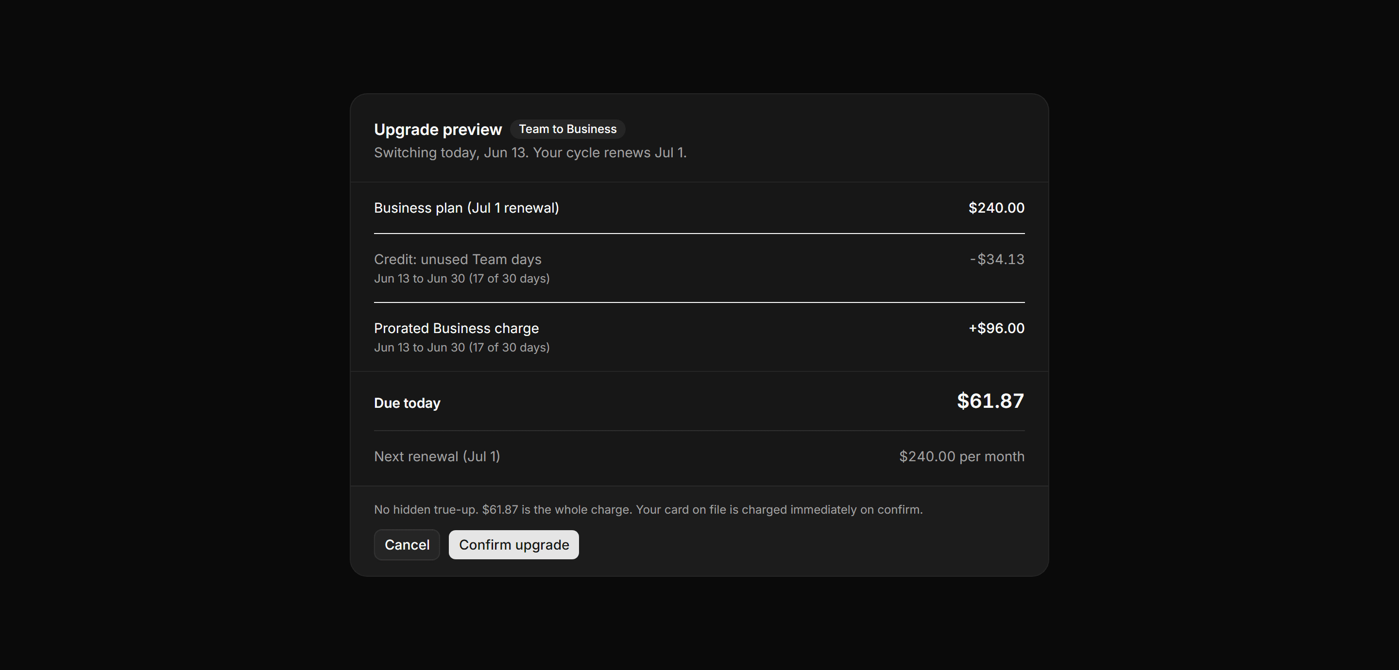 Application Billing: Proration Preview Card
