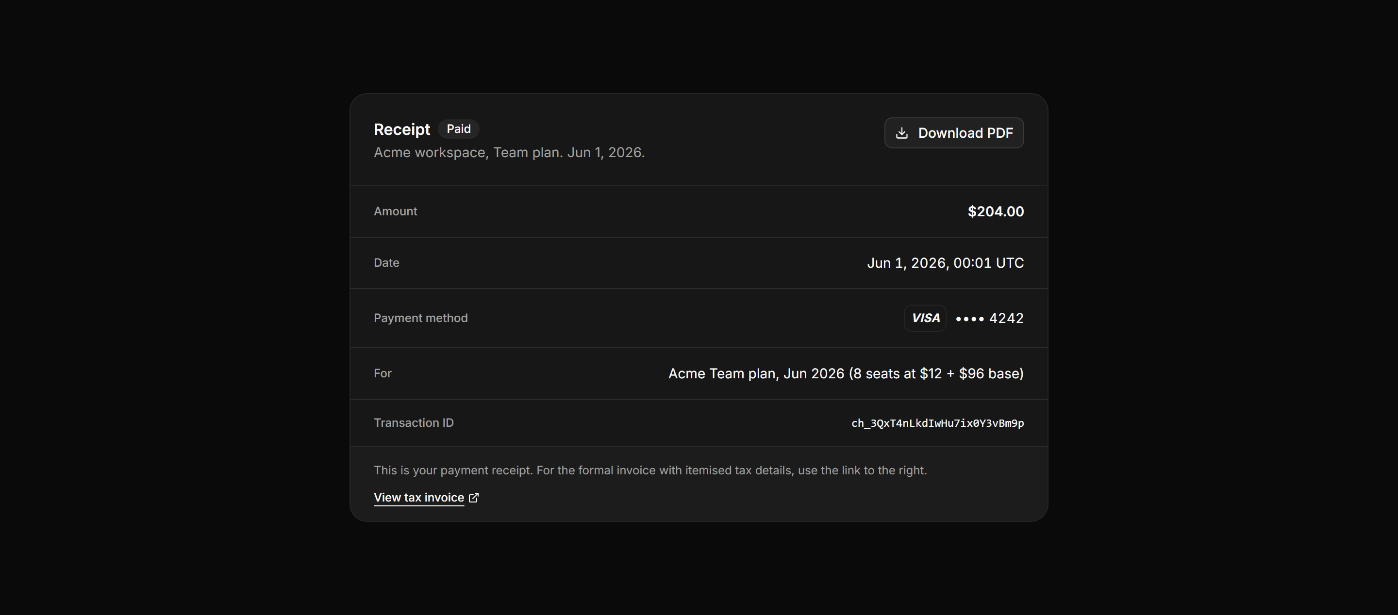 Application Billing: Receipt Card