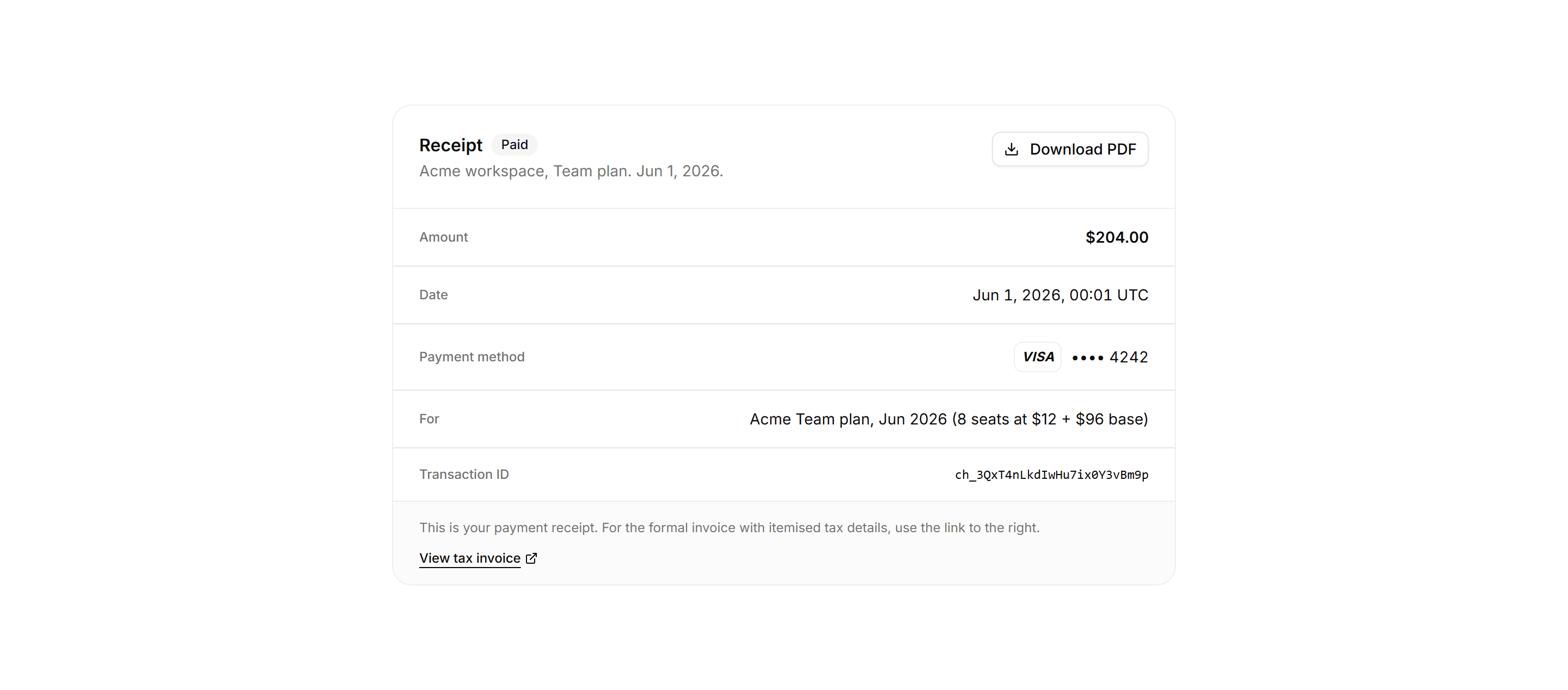 Application Billing: Receipt Card