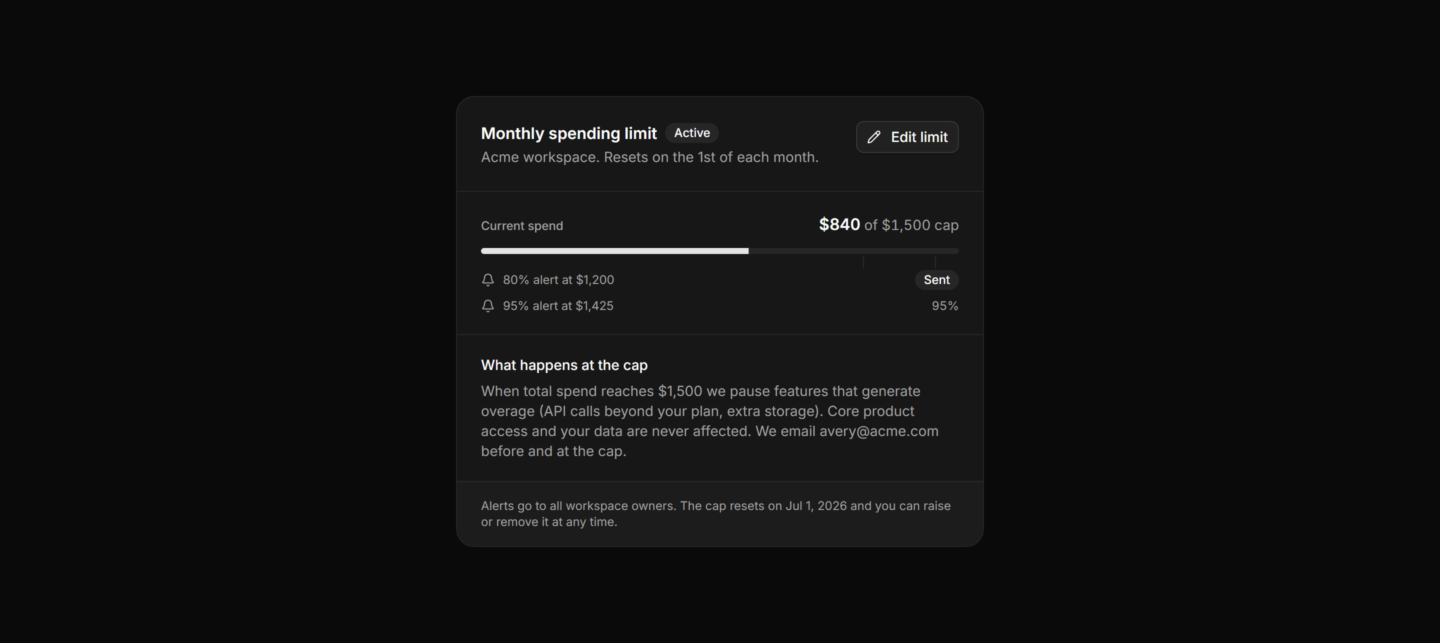 Application Billing: Spending Limit Card