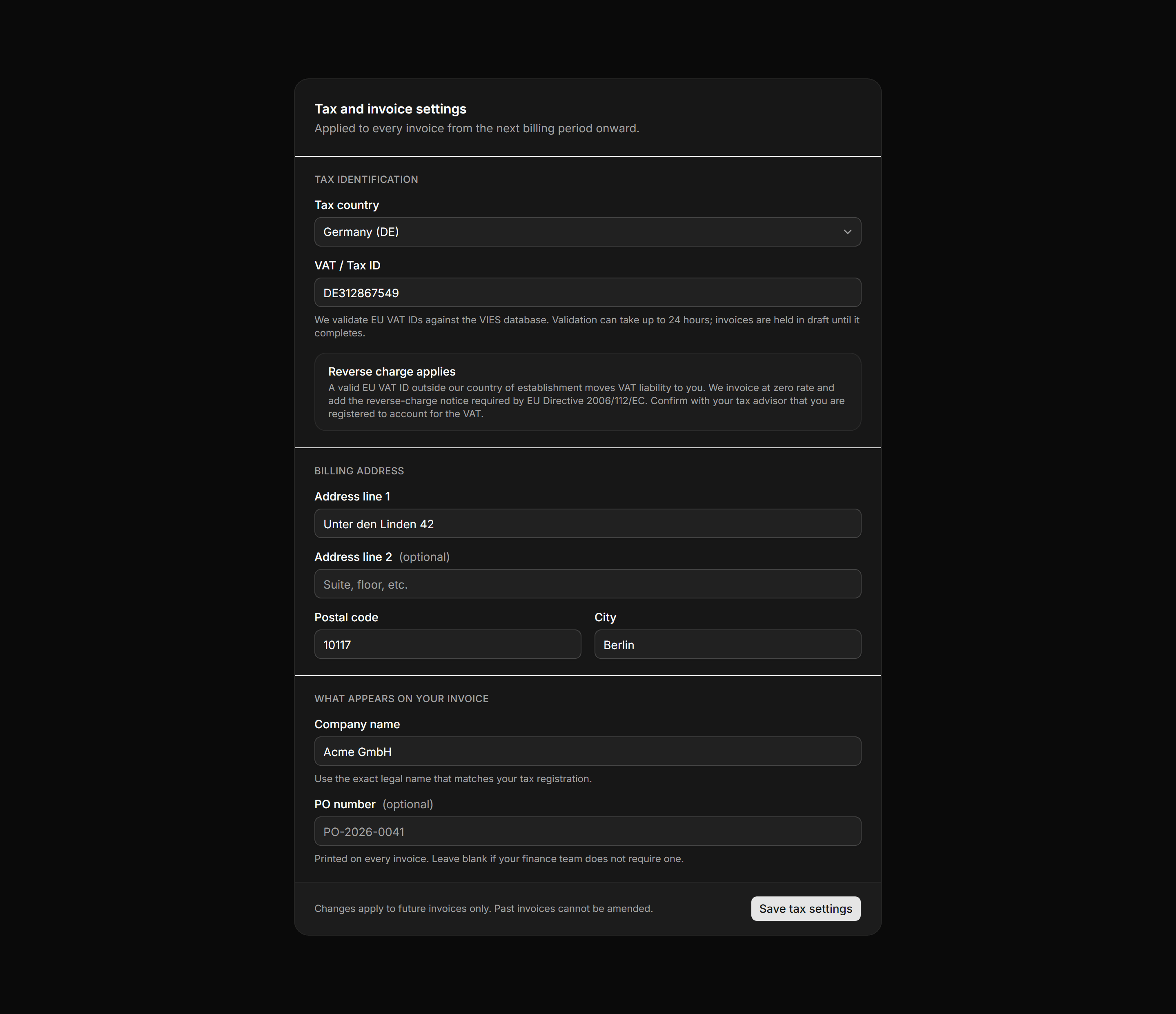 Application Billing: Tax and Invoice Settings
