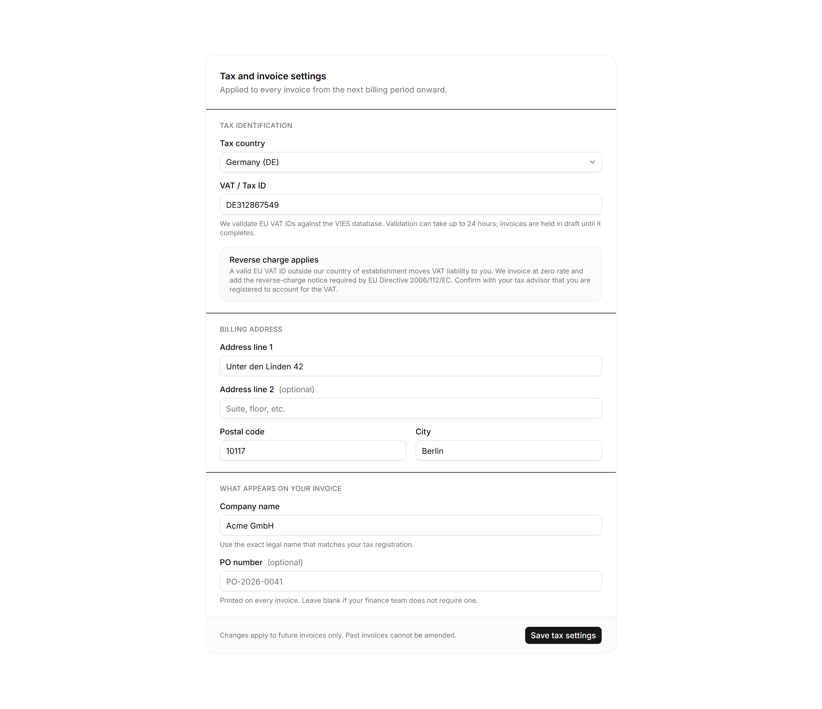 Application Billing: Tax and Invoice Settings